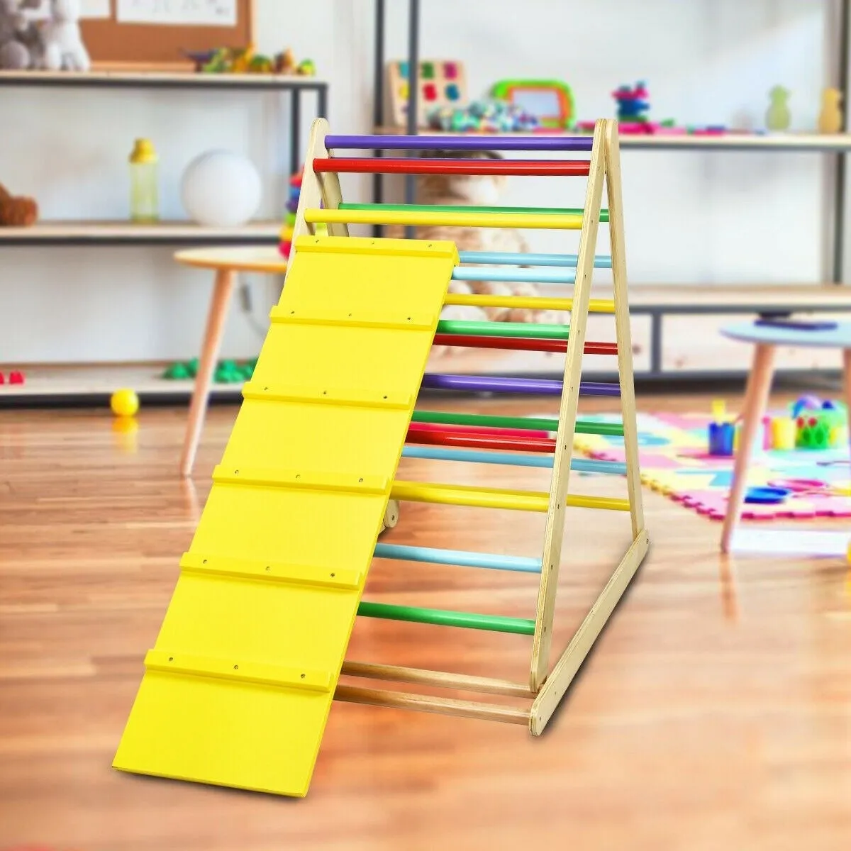 Foldable Wooden Climbing Triangle with Ladder - Mulitcolour