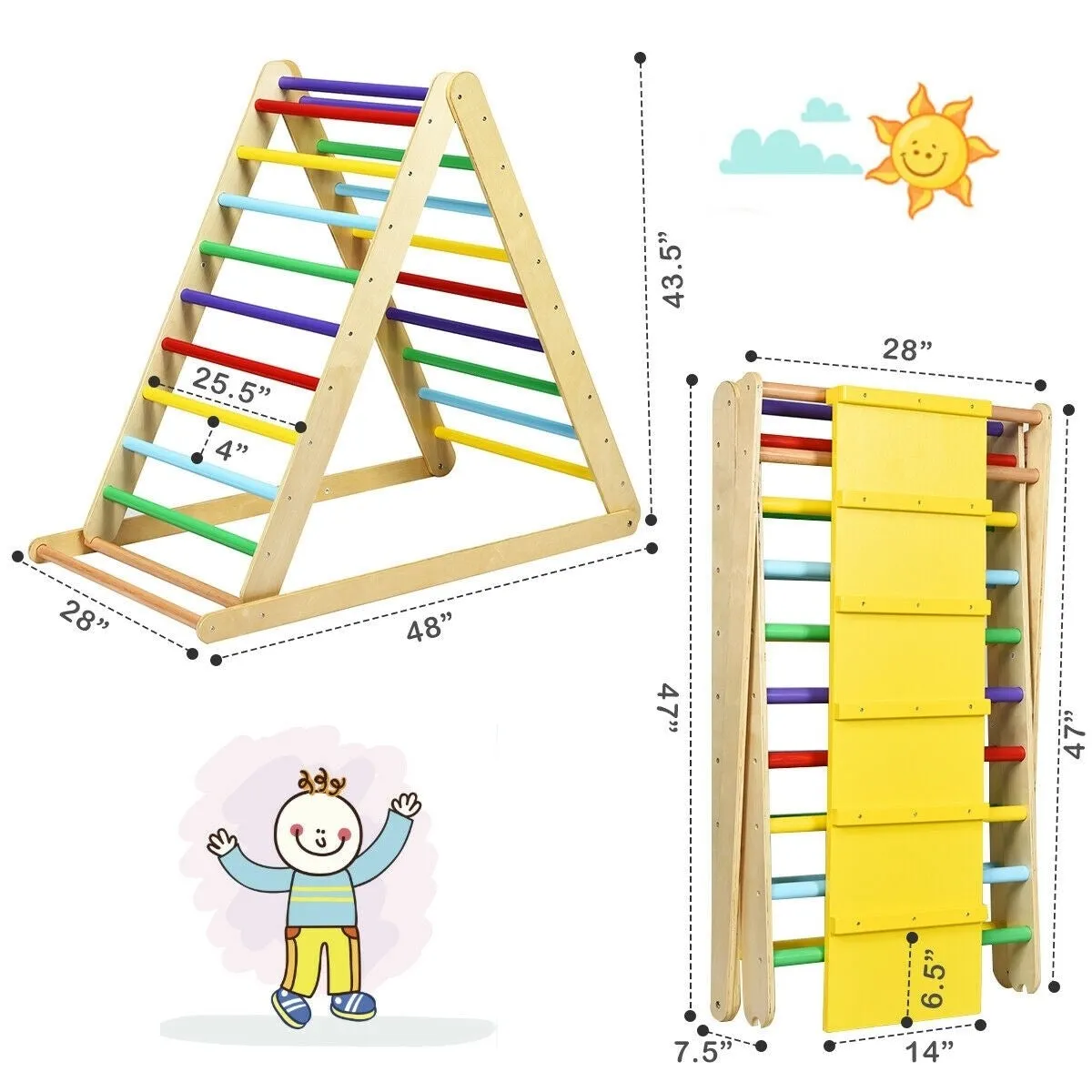 Foldable Wooden Climbing Triangle with Ladder - Mulitcolour