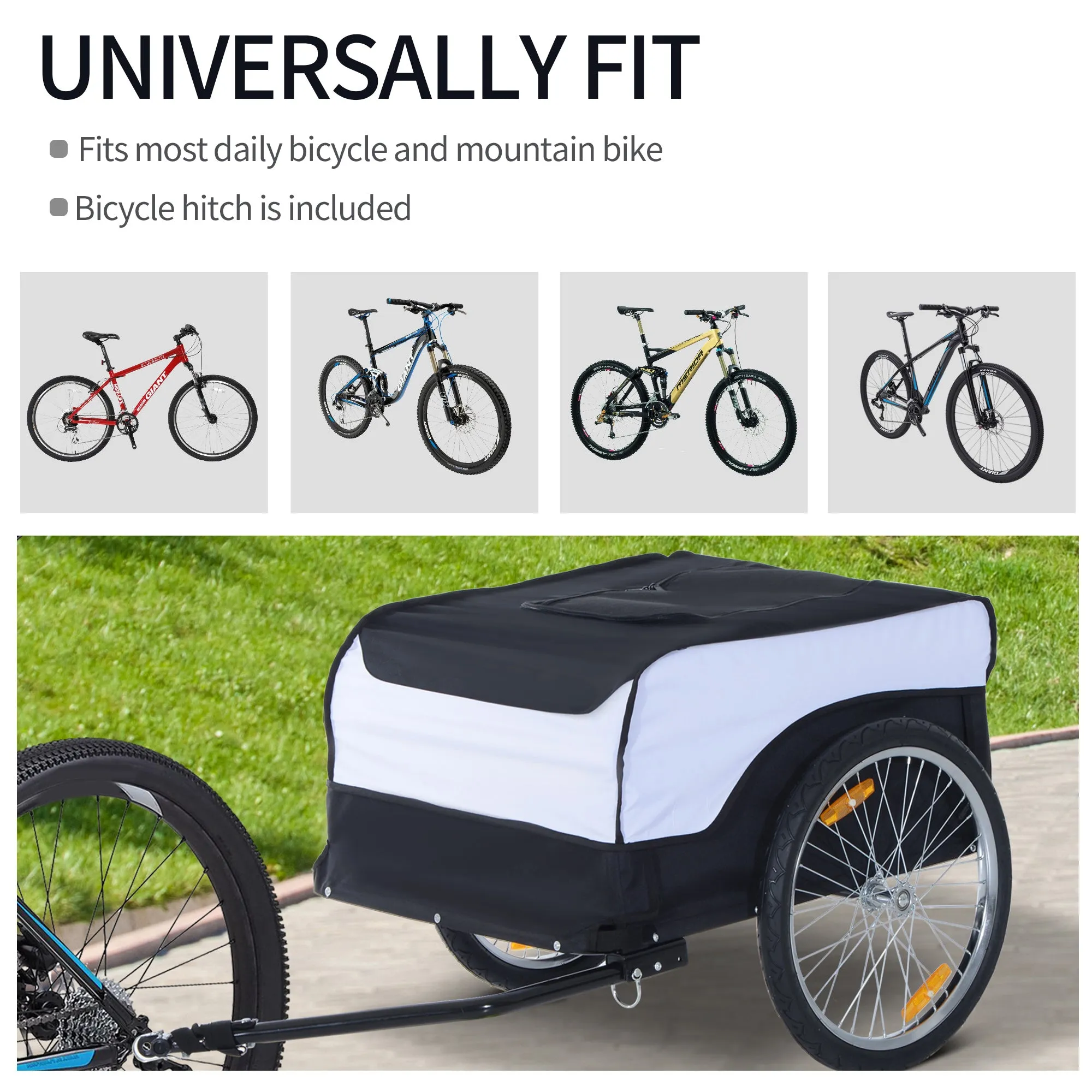 Folding Bike Trailer Cargo in Steel Frame Extra Bicycle Storage Carrier with Removable Cover and Hitch (White and Black)