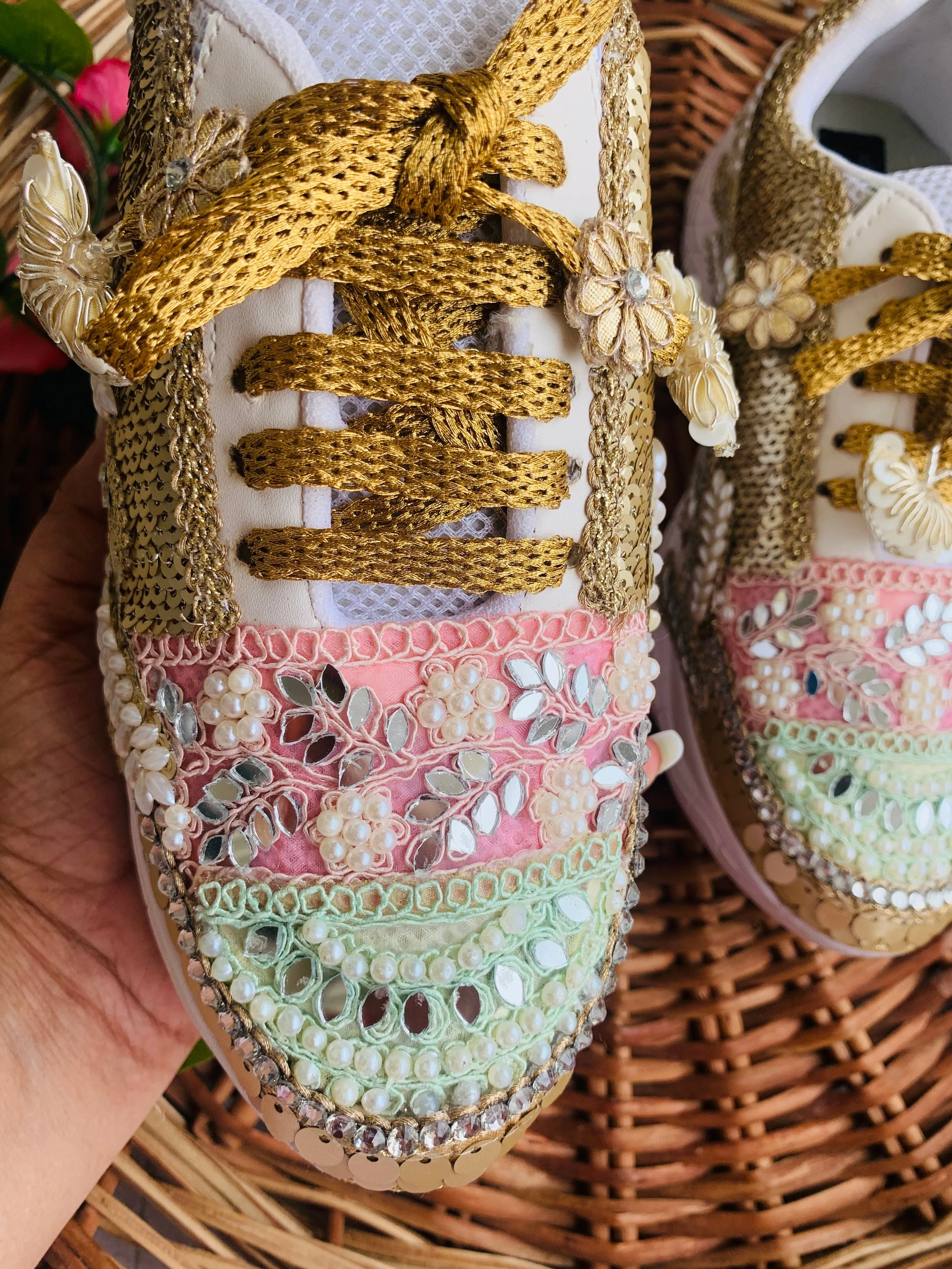 FUNKY N TRENDY hand crafted golden bridal sneakers / gold sneakers / pastel sneakers / embroidery sneakers / sneakers for bride/ embroidered pastel theme sneakers