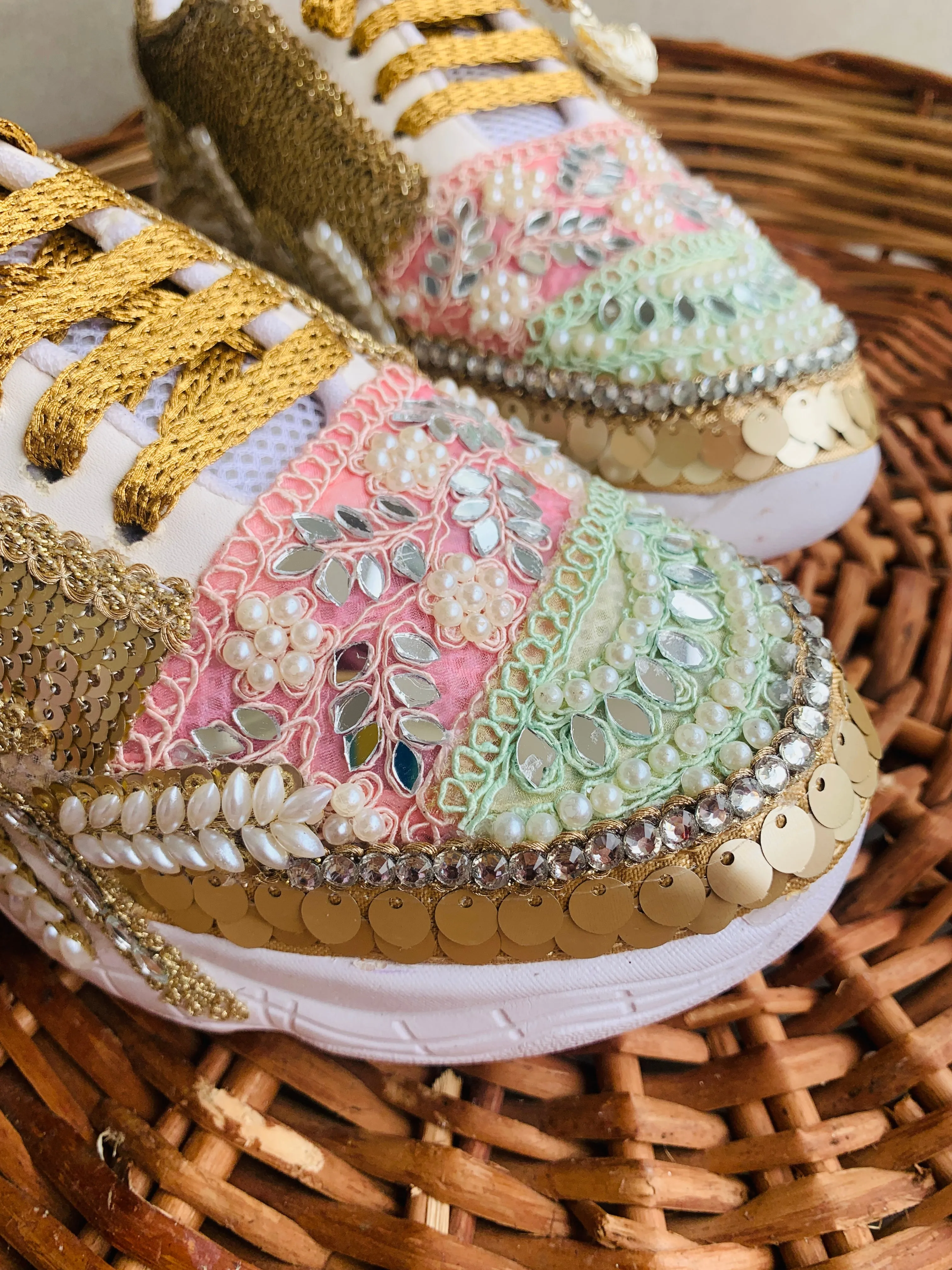 FUNKY N TRENDY hand crafted golden bridal sneakers / gold sneakers / pastel sneakers / embroidery sneakers / sneakers for bride/ embroidered pastel theme sneakers