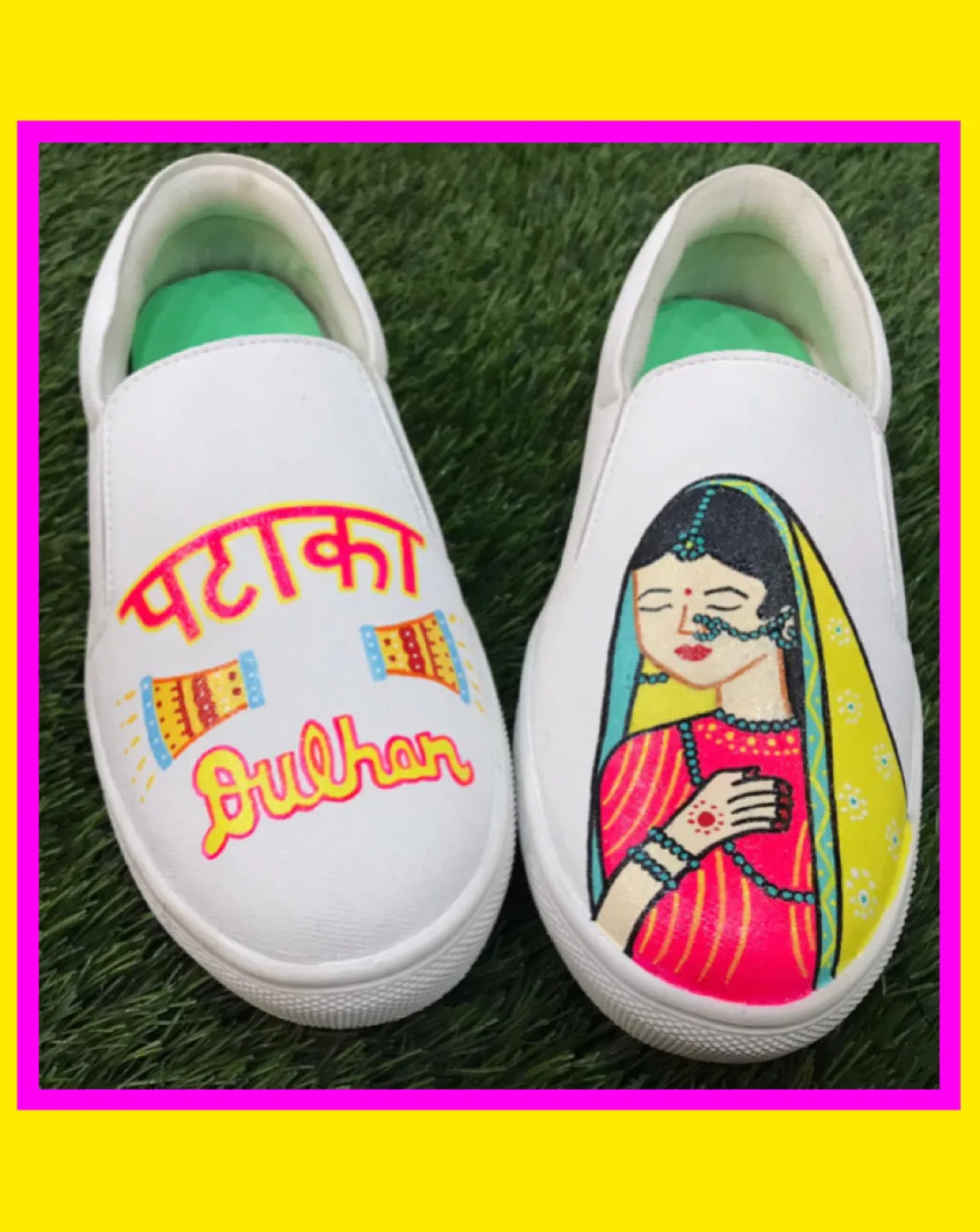 Funky N Trendy hand painted water resistant Pataka Dulhan wedding theme shoes for bride