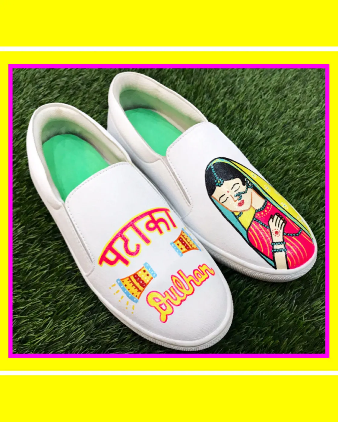 Funky N Trendy hand painted water resistant Pataka Dulhan wedding theme shoes for bride