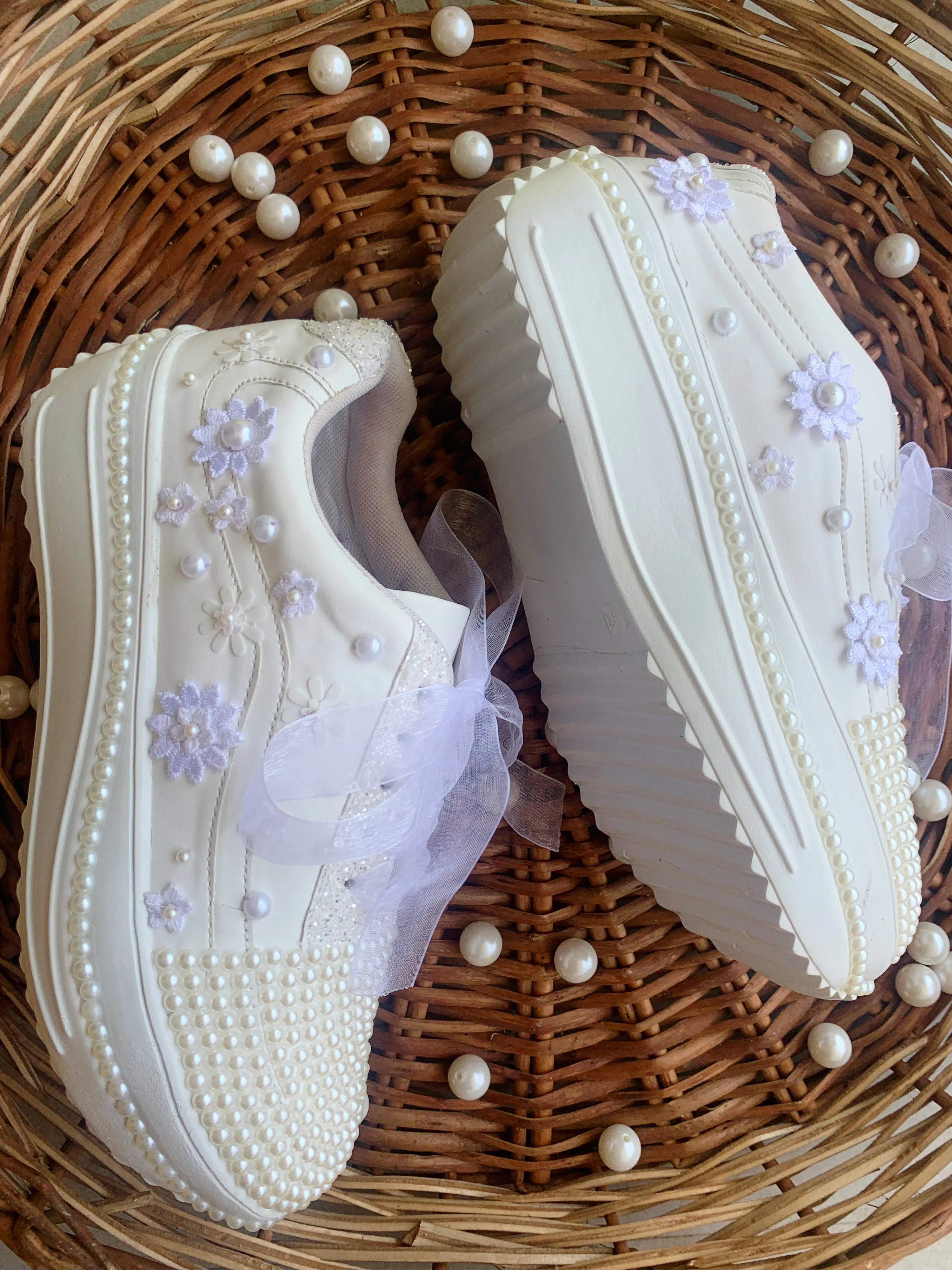 Funky N Trendy white pearl work sneakers with floral detailing / bridal sneakers/ sneaker for bride / white sneakers/ pearl sneakers for bride