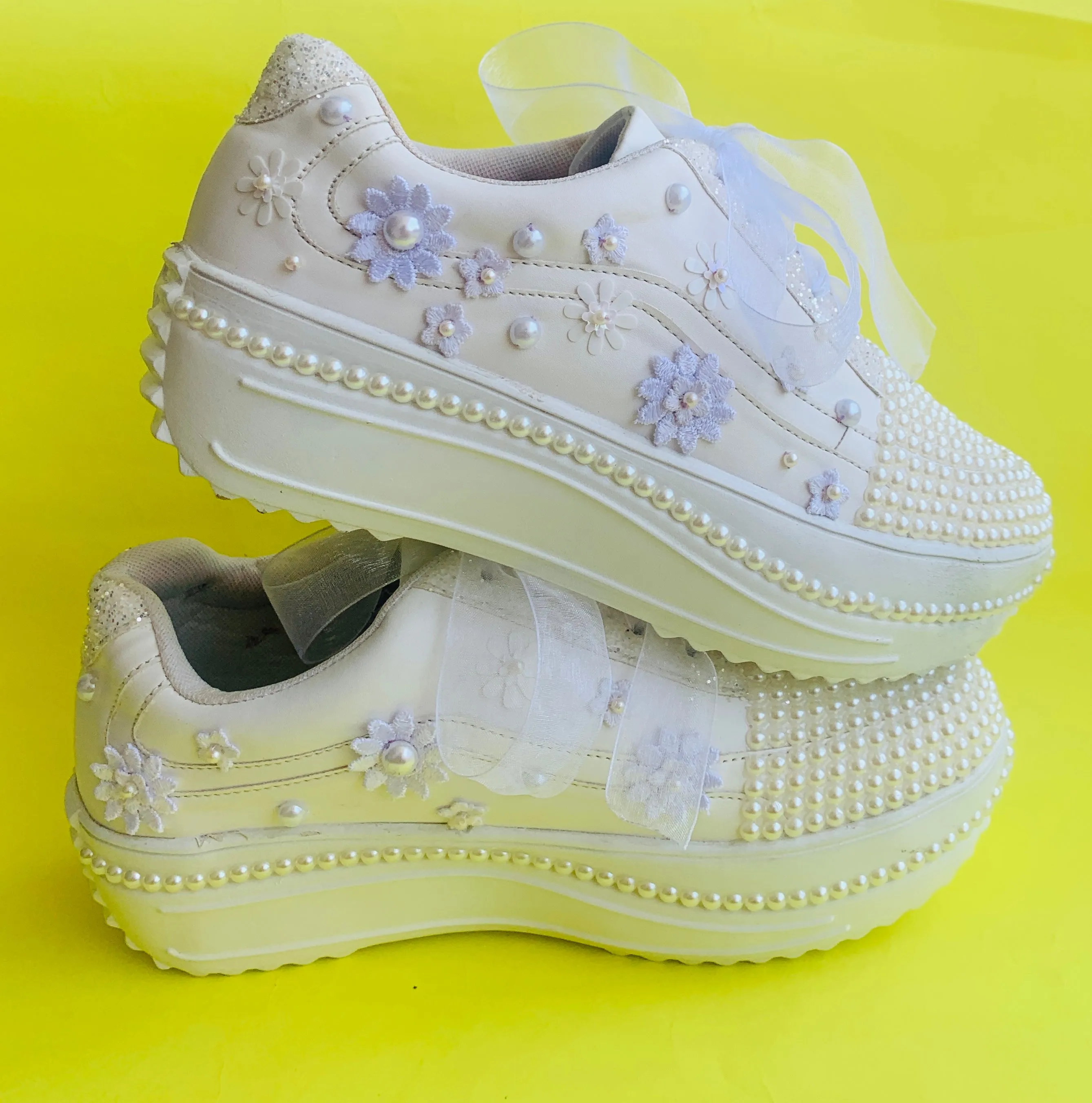 Funky N Trendy white pearl work sneakers with floral detailing / bridal sneakers/ sneaker for bride / white sneakers/ pearl sneakers for bride