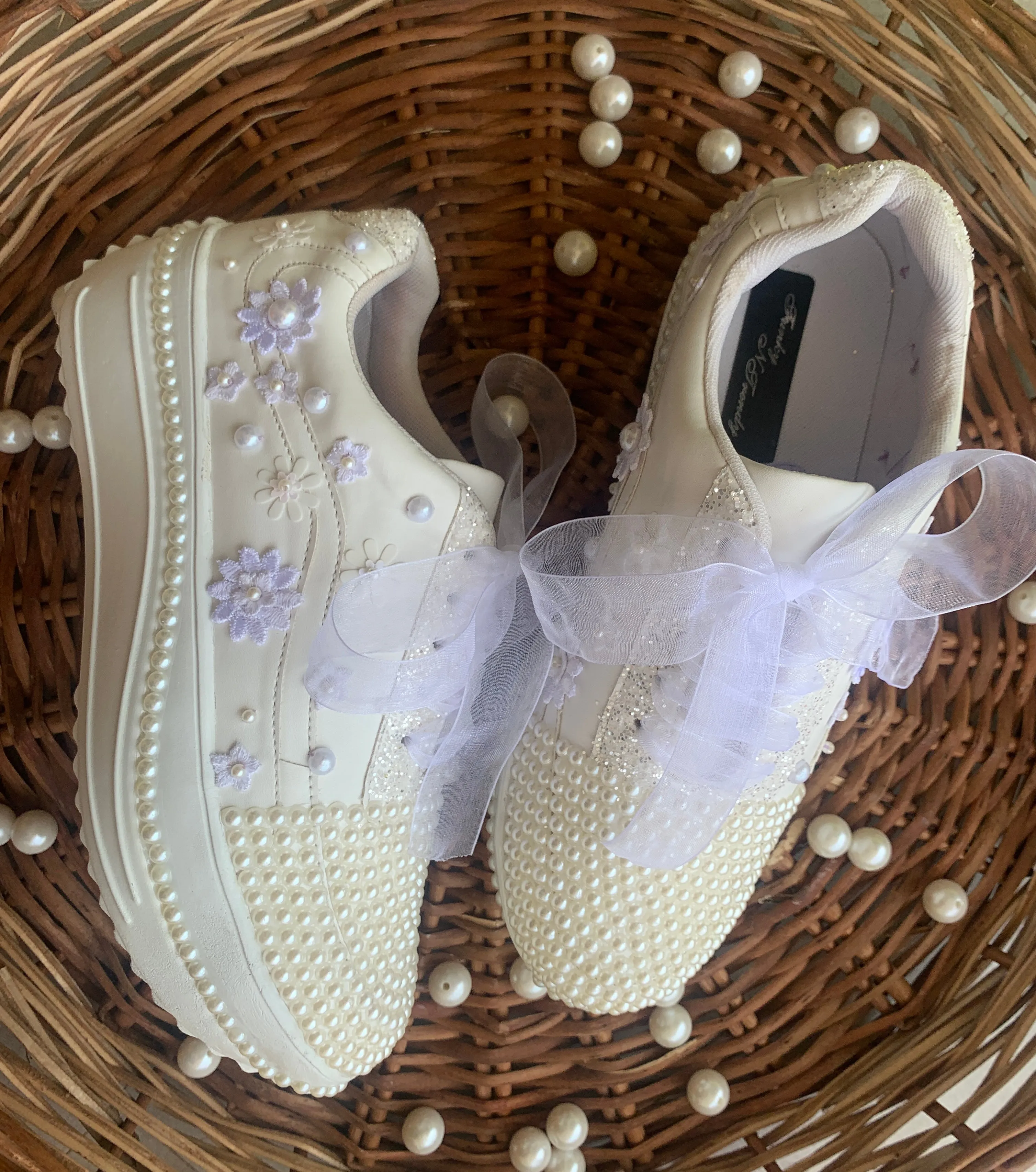 Funky N Trendy white pearl work sneakers with floral detailing / bridal sneakers/ sneaker for bride / white sneakers/ pearl sneakers for bride