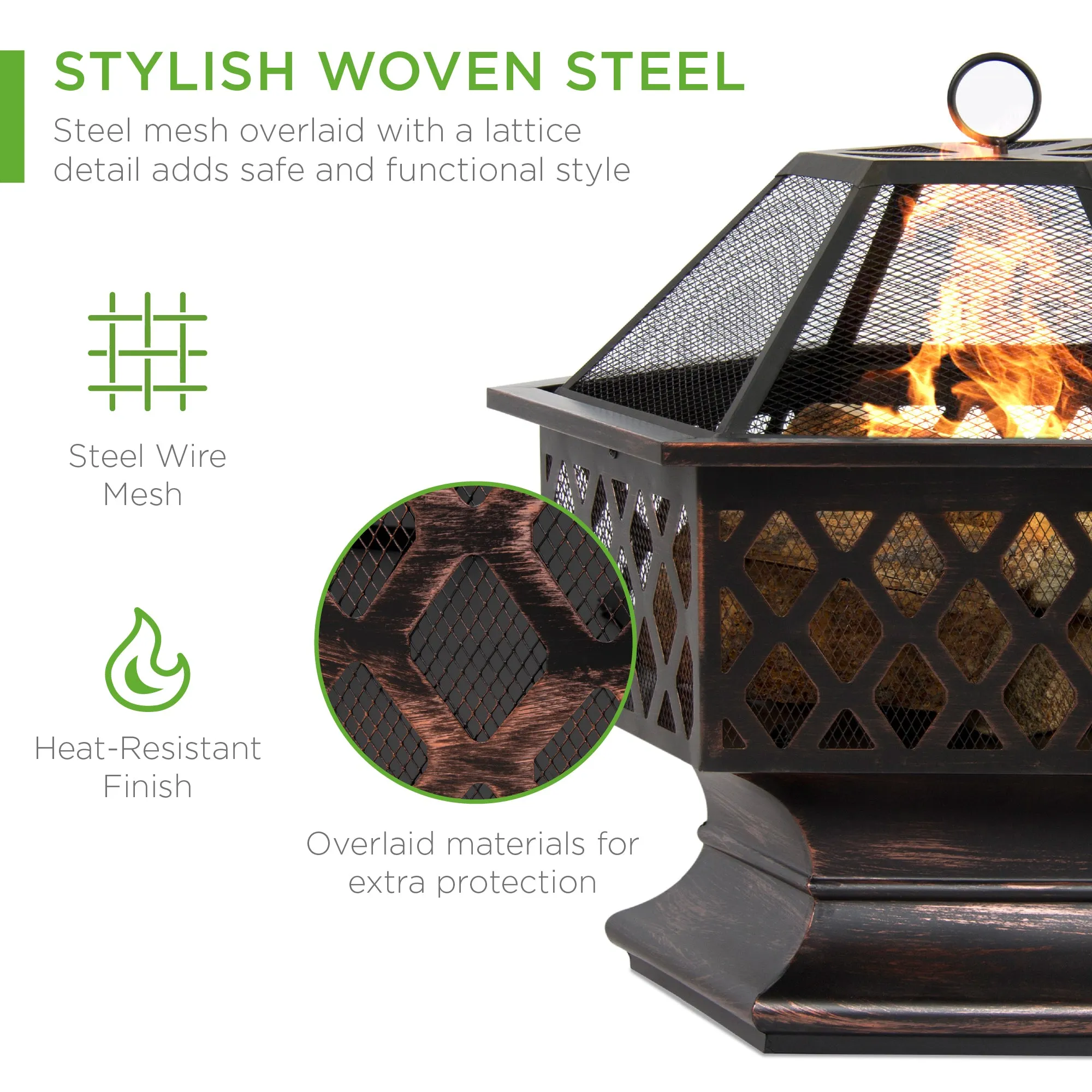 Hex-Shaped Outdoor Fire Pit w/ Flame-Retardant Lid - 24in