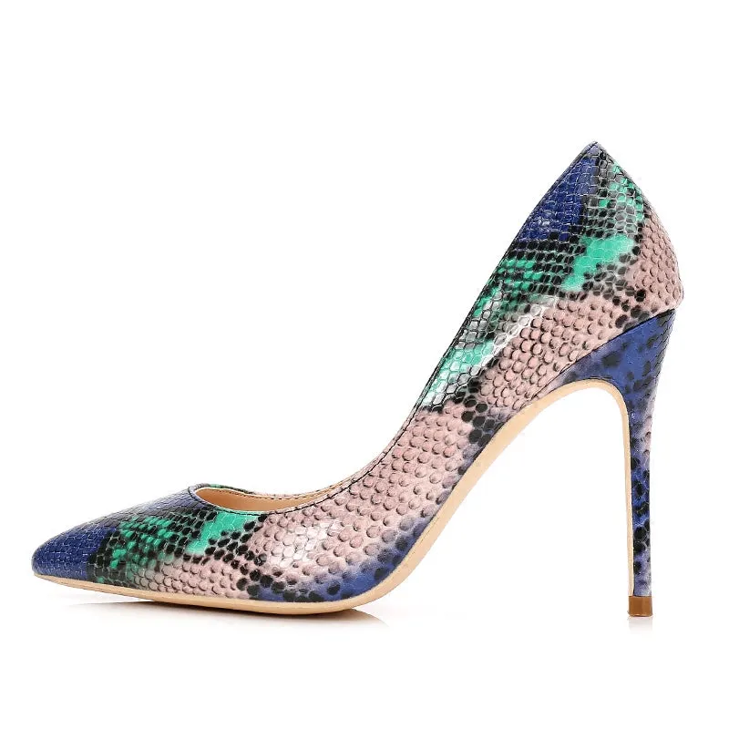 High-heels with Multi-colored Snakeskin Pattern Fashion Women Party Shoes