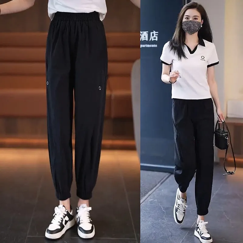 kamames Ankle Banded Pants Harem Pants Women's  Summer New High Waist Loose Cropped Pants Quick-Drying Sports Pants Lantern Ice Silk Leggings