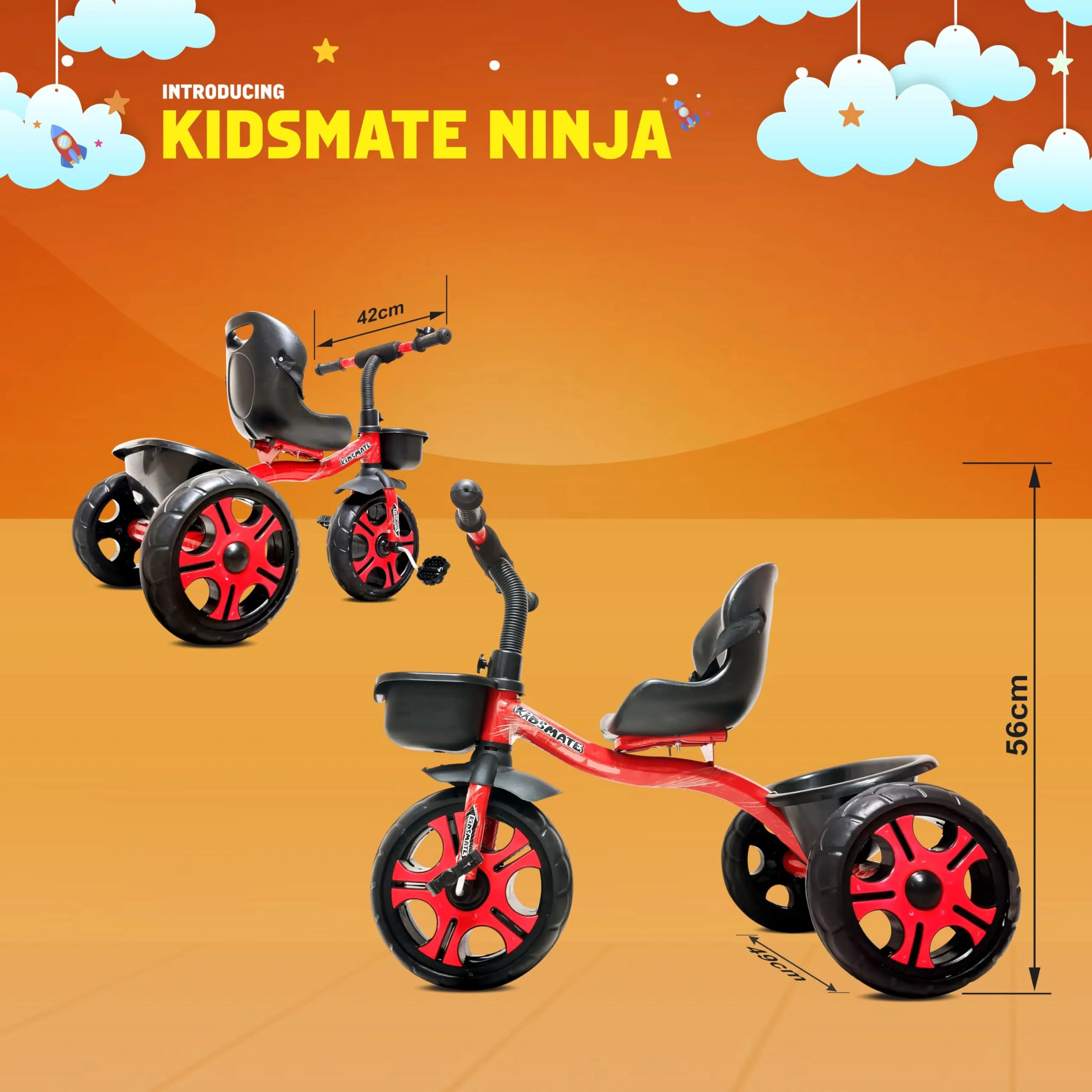 Kidsmate Ninja Plug N Play Durable Kids/Baby Tricycle, Storage Basket, Cushion Seat and Seat Belt for 12 Months to 48 Months Boys/Girls/Carrying Capacity Upto 30 Kgs (Red)