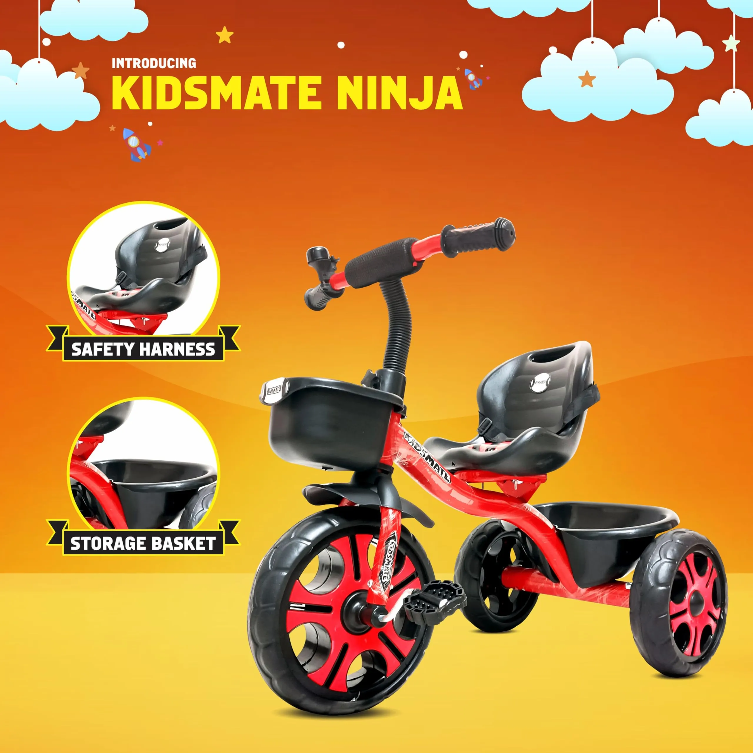 Kidsmate Ninja Plug N Play Durable Kids/Baby Tricycle, Storage Basket, Cushion Seat and Seat Belt for 12 Months to 48 Months Boys/Girls/Carrying Capacity Upto 30 Kgs (Red)