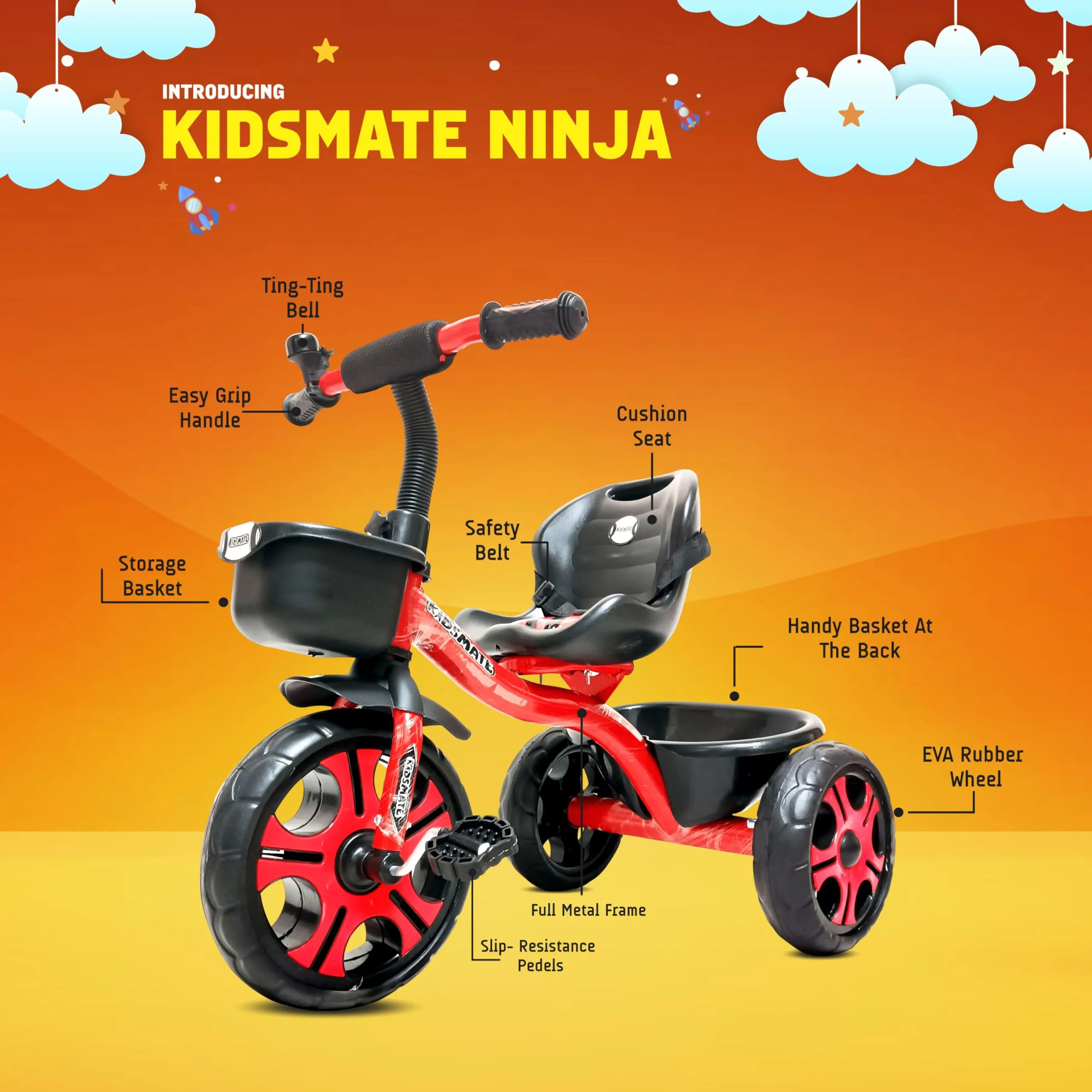 Kidsmate Ninja Plug N Play Durable Kids/Baby Tricycle, Storage Basket, Cushion Seat and Seat Belt for 12 Months to 48 Months Boys/Girls/Carrying Capacity Upto 30 Kgs (Red)