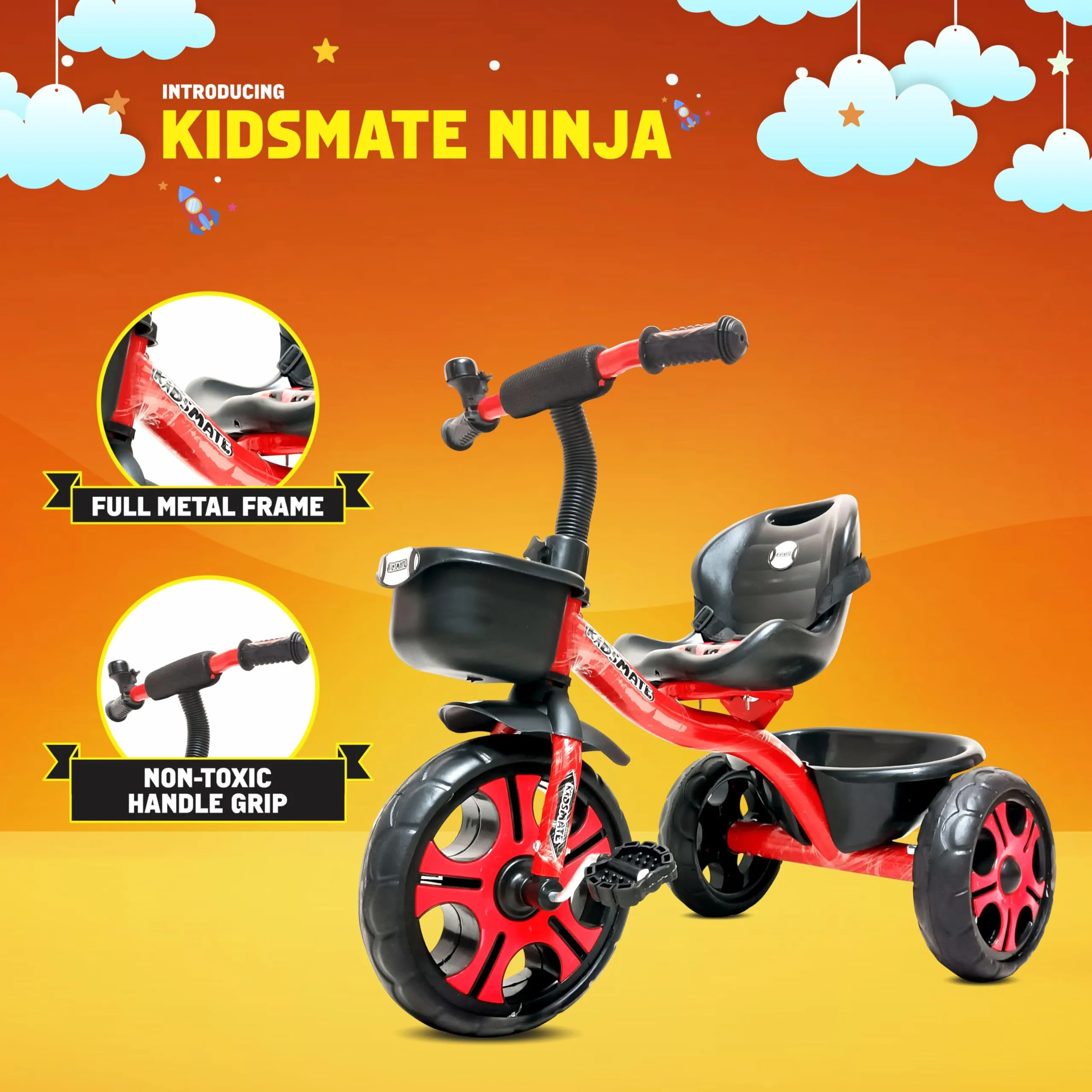 Kidsmate Ninja Plug N Play Durable Kids/Baby Tricycle, Storage Basket, Cushion Seat and Seat Belt for 12 Months to 48 Months Boys/Girls/Carrying Capacity Upto 30 Kgs (Red)