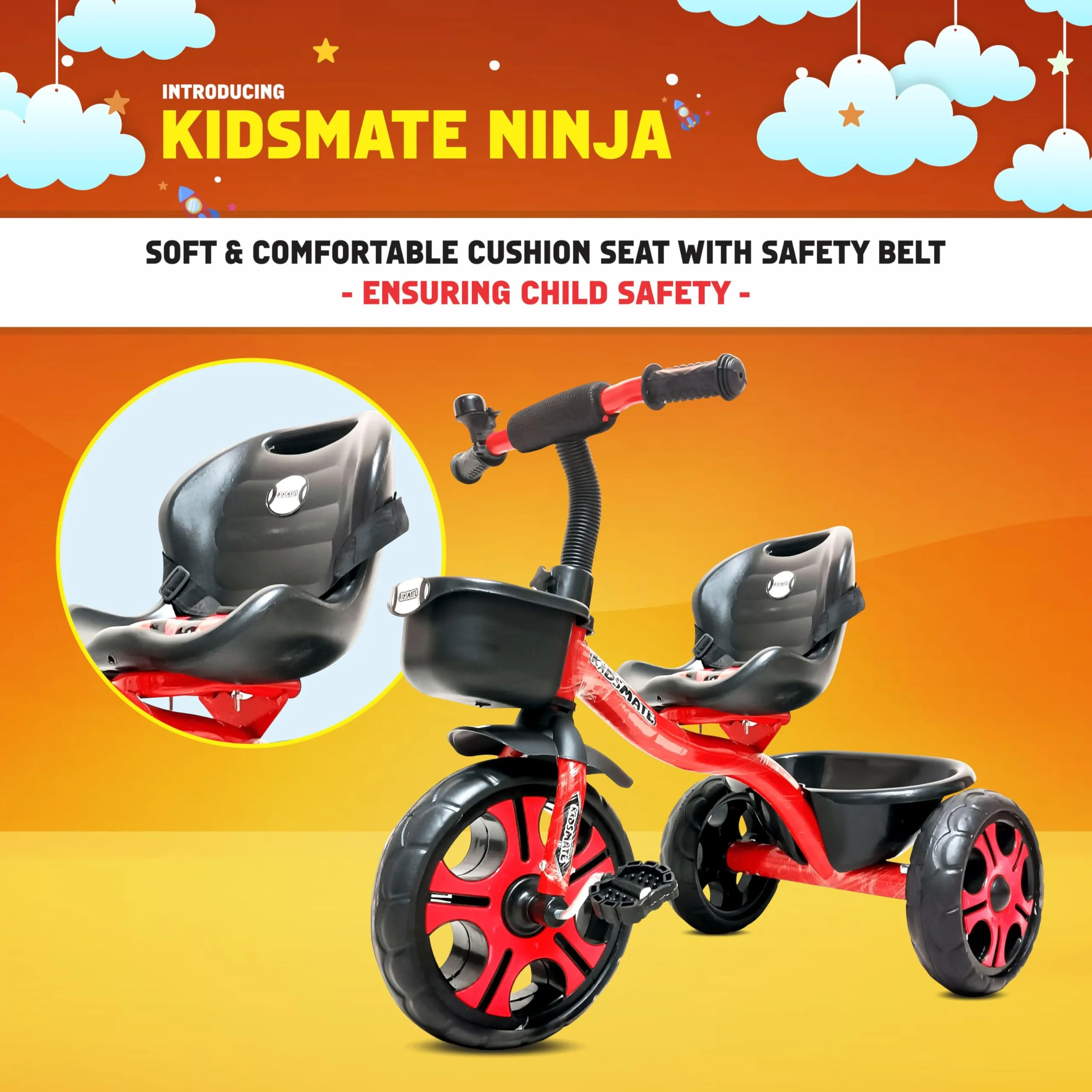 Kidsmate Ninja Plug N Play Durable Kids/Baby Tricycle, Storage Basket, Cushion Seat and Seat Belt for 12 Months to 48 Months Boys/Girls/Carrying Capacity Upto 30 Kgs (Red)