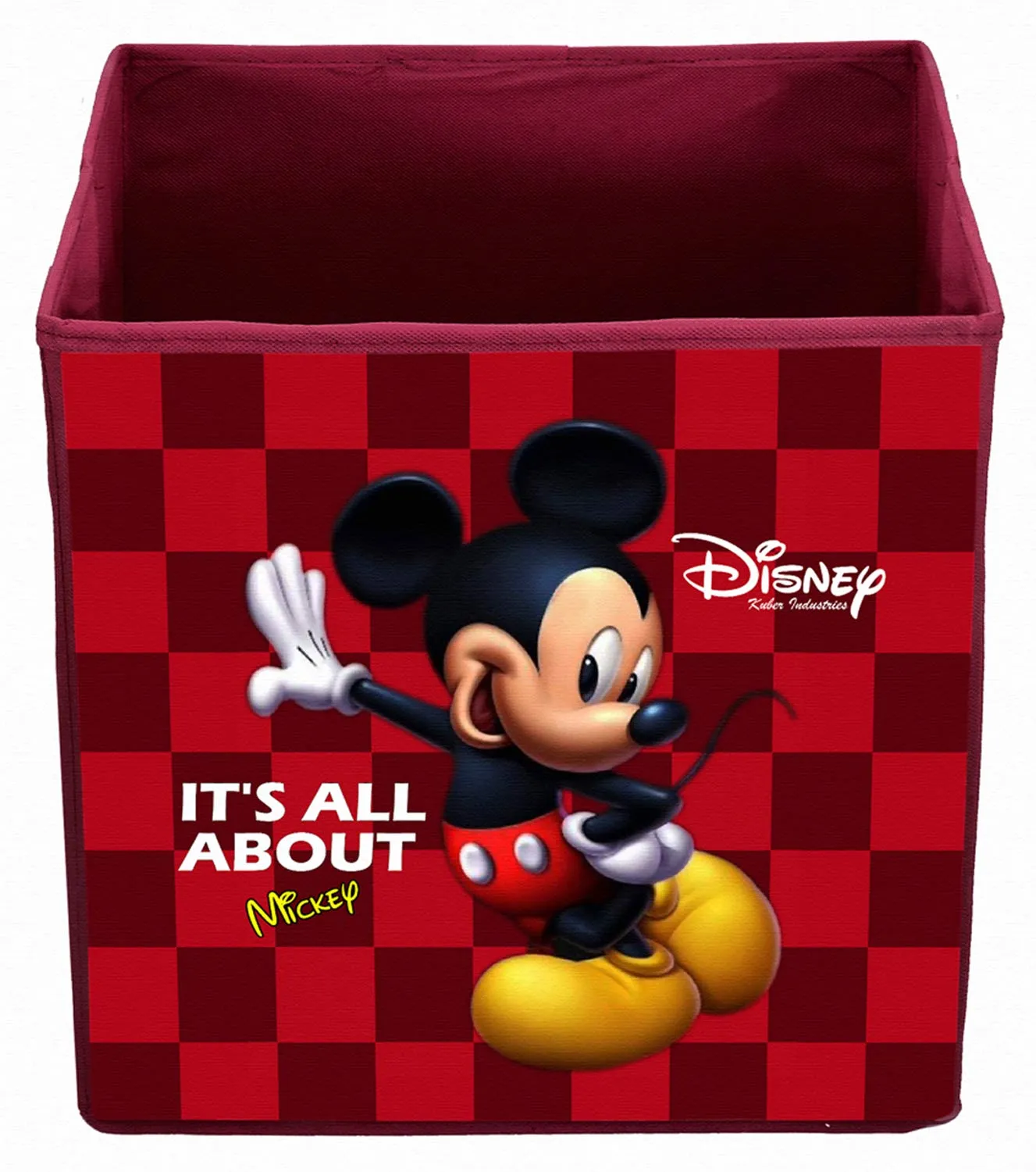 Kuber Industries Disney Mickey Mouse Print Non Woven Fabric Foldable Cube Cloth Toy, Books Storage Box Wardrobe Organiser with Handle (Maroon, Large, 3 Pieces)