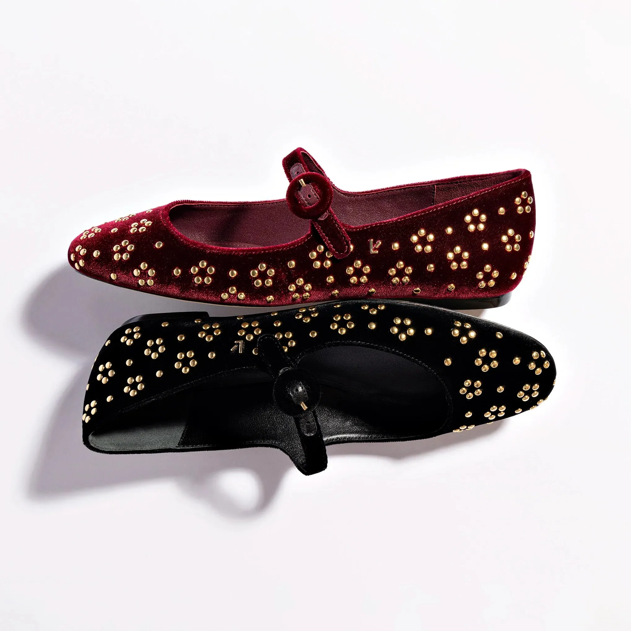 Larroude Blair Ballet Flat In Black Velvet and Gold Studs