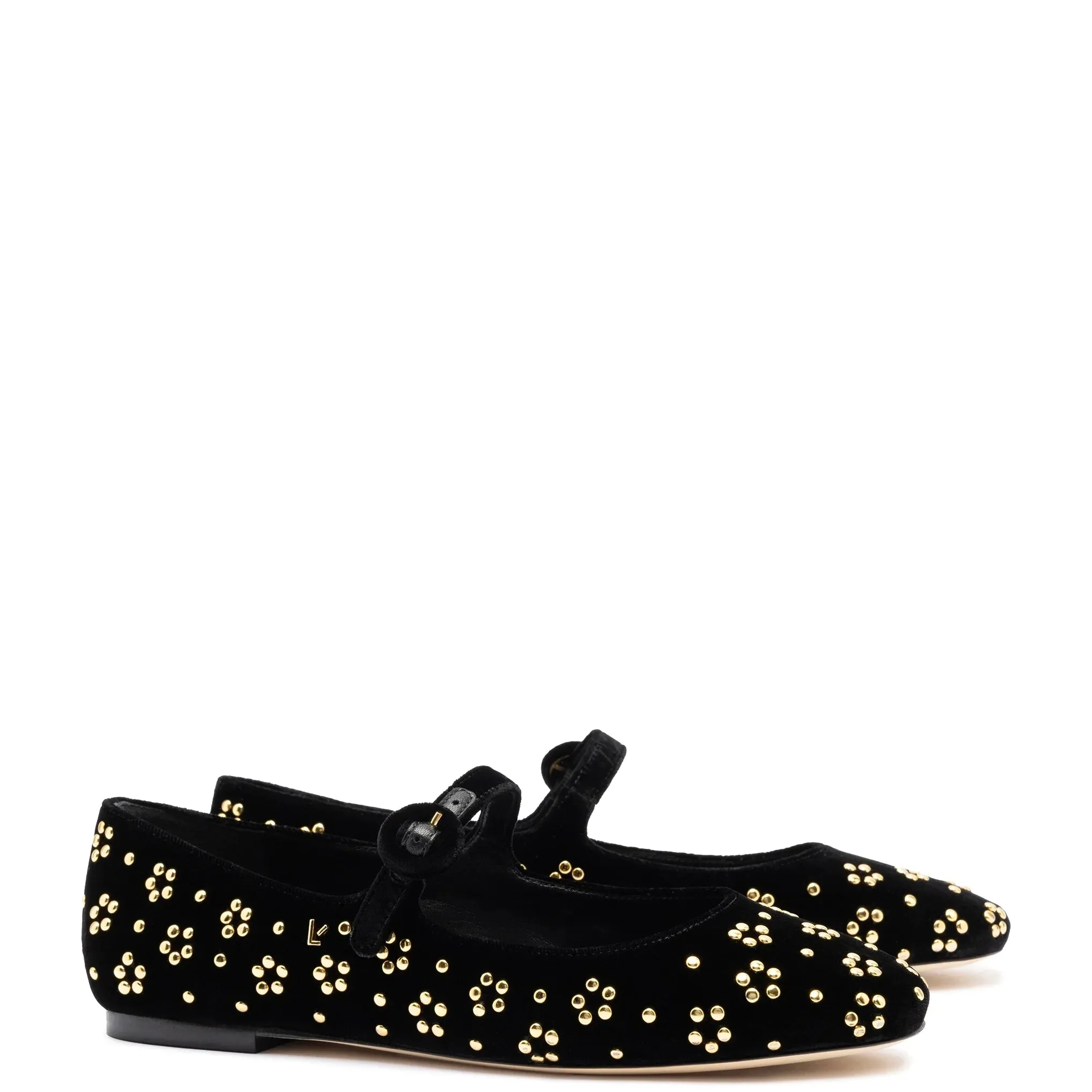 Larroude Blair Ballet Flat In Black Velvet and Gold Studs