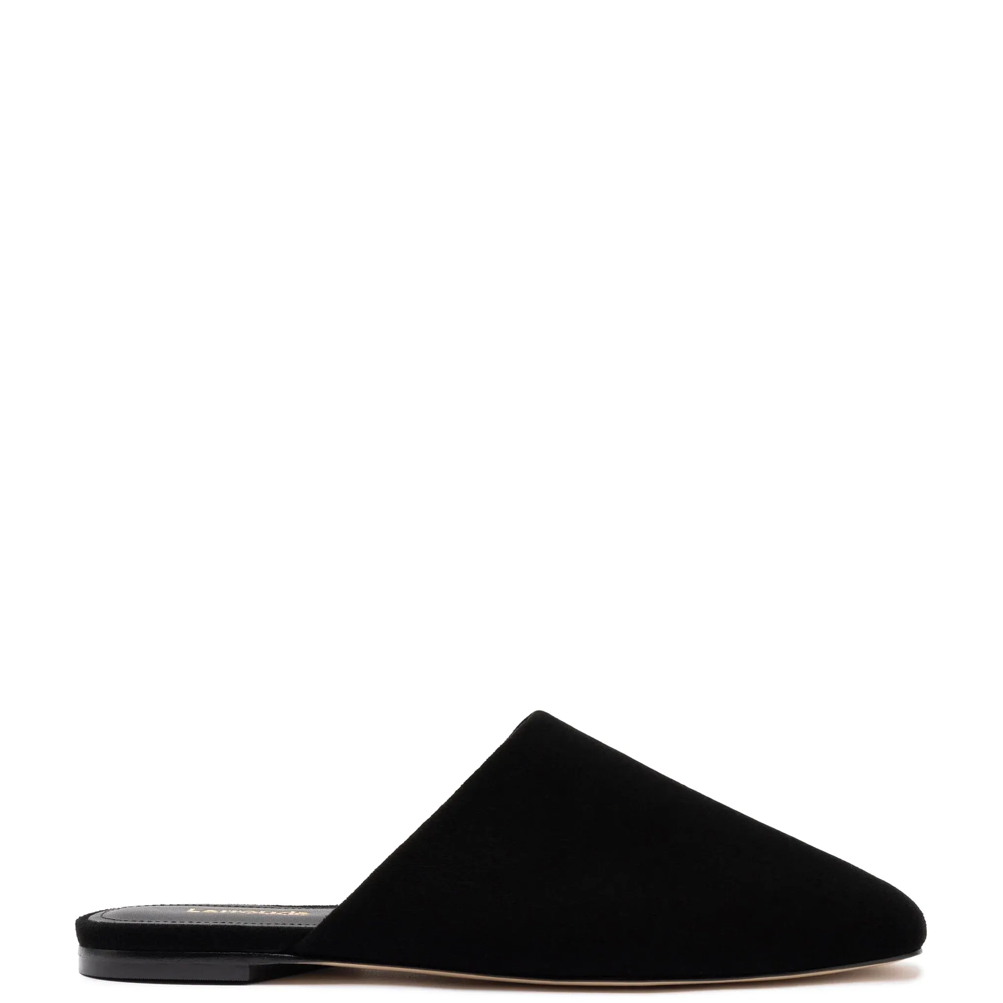 Larroude Venice Flat Mule and Pouch Kit In Black Suede