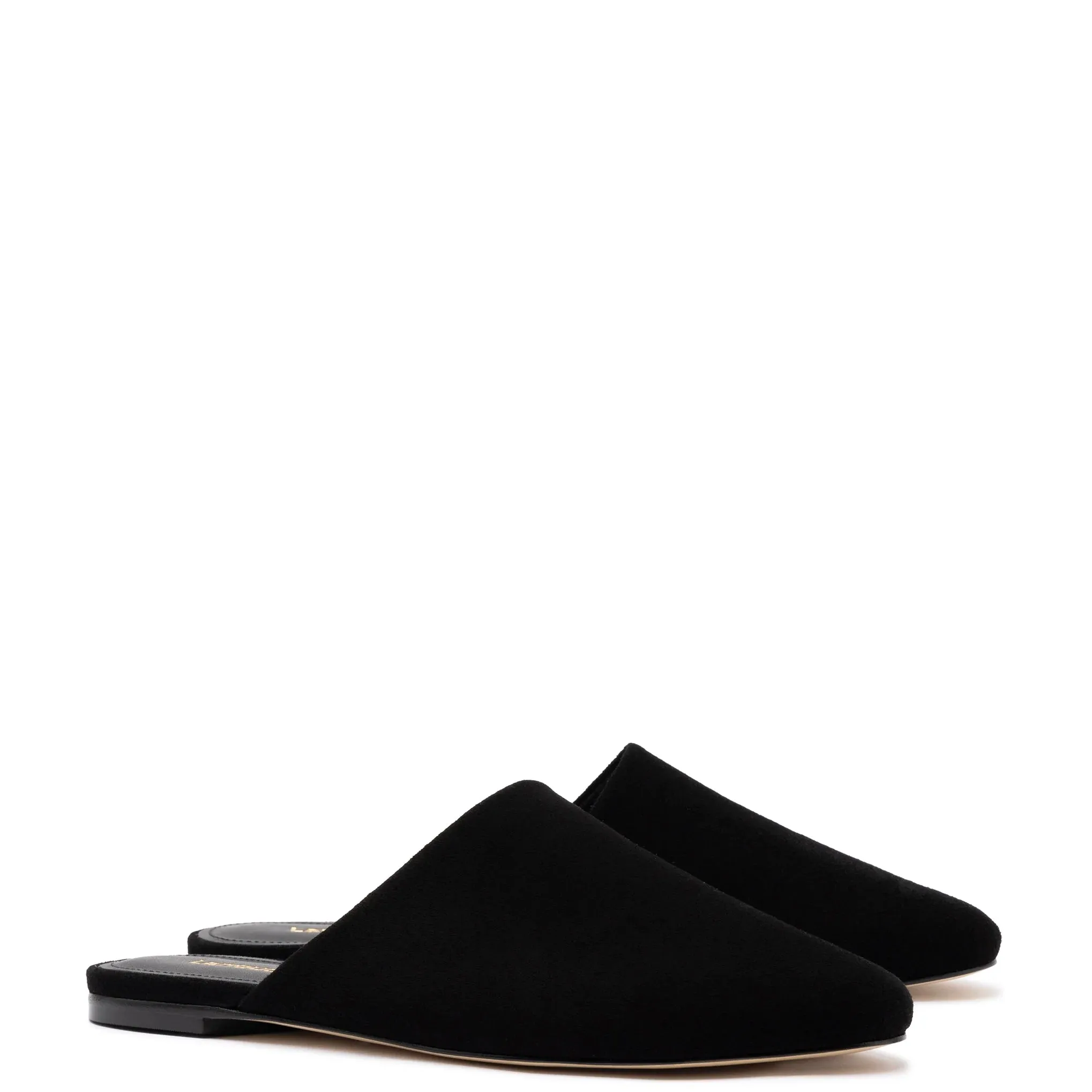 Larroude Venice Flat Mule and Pouch Kit In Black Suede