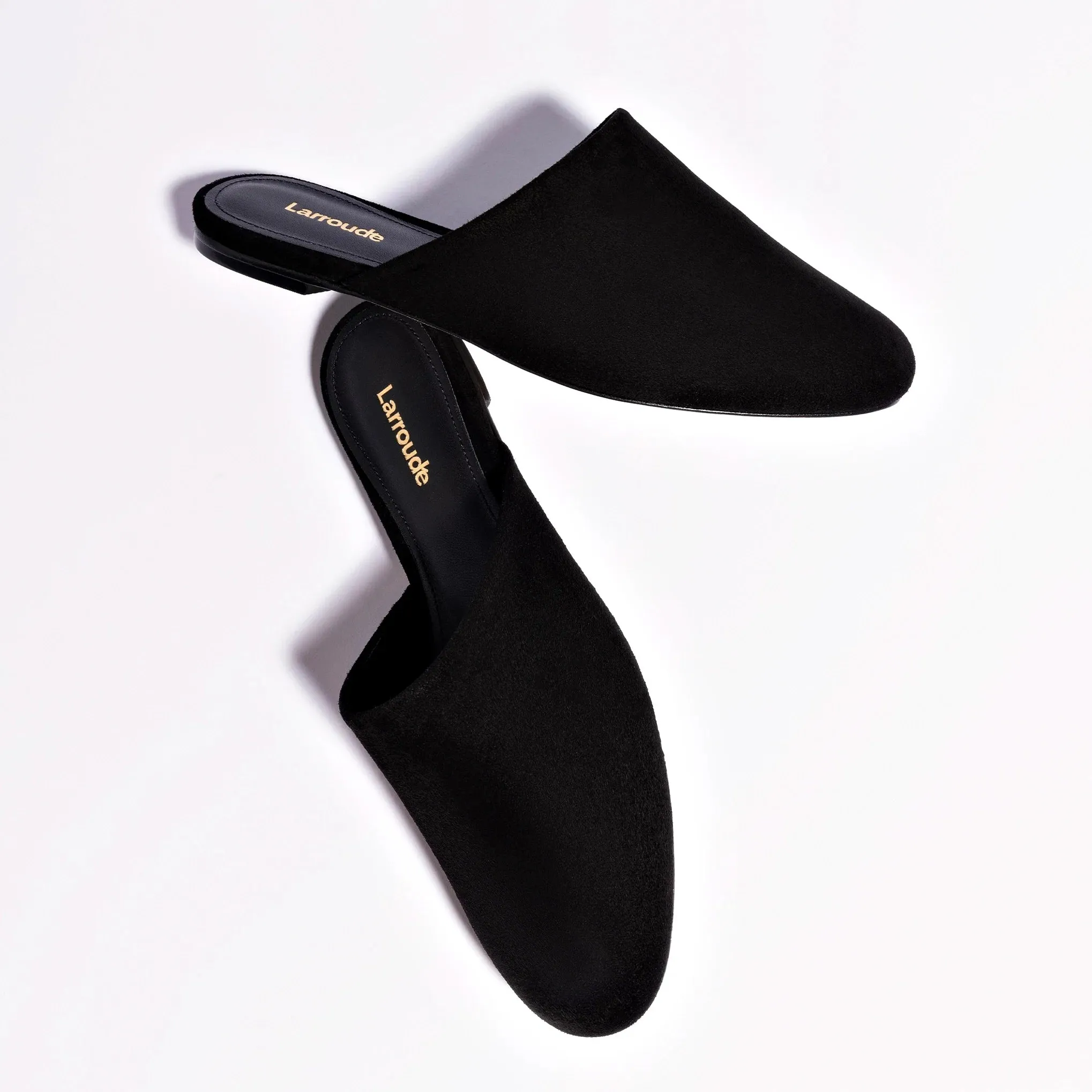 Larroude Venice Flat Mule and Pouch Kit In Black Suede