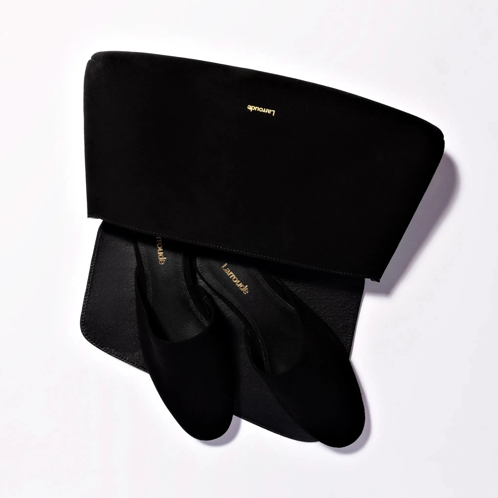 Larroude Venice Flat Mule and Pouch Kit In Black Suede