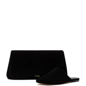 Larroude Venice Flat Mule and Pouch Kit In Black Suede