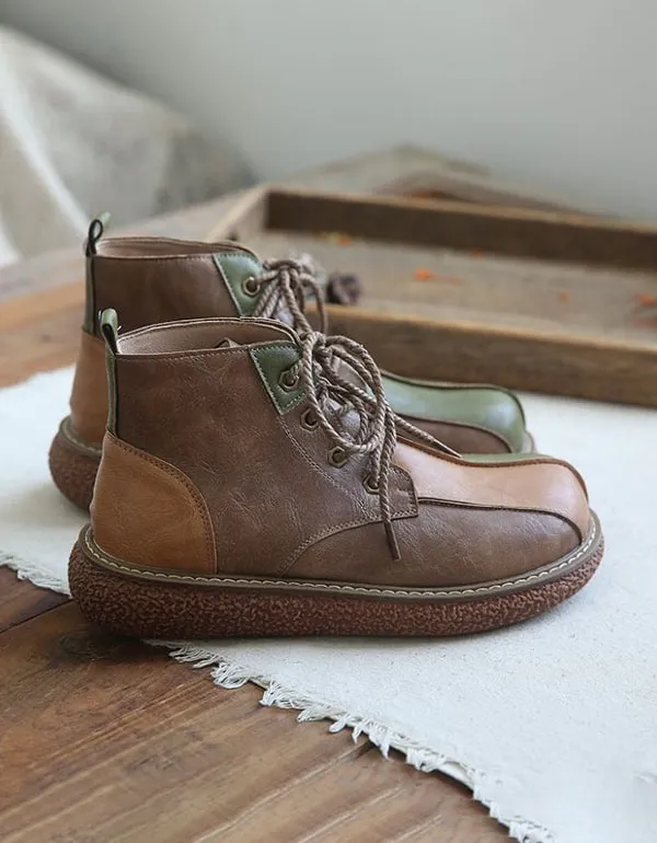 Leather Stitching Round Head Handmade Retro Boots