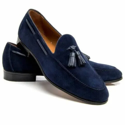 Men Driving Shoes, Men Navy Blue Tassels Shoes, Men Blue Suede Shoes