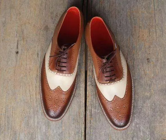 Men's Brown & White Wing Tip Leather Shoe