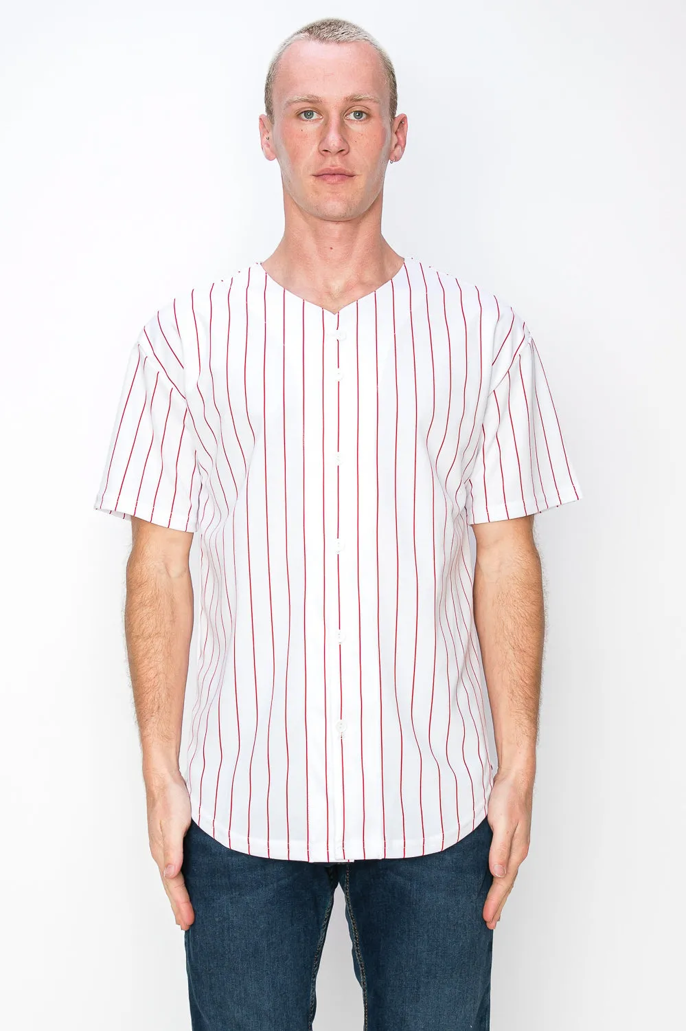 Men's White Baseball Jersey with Pinstripes