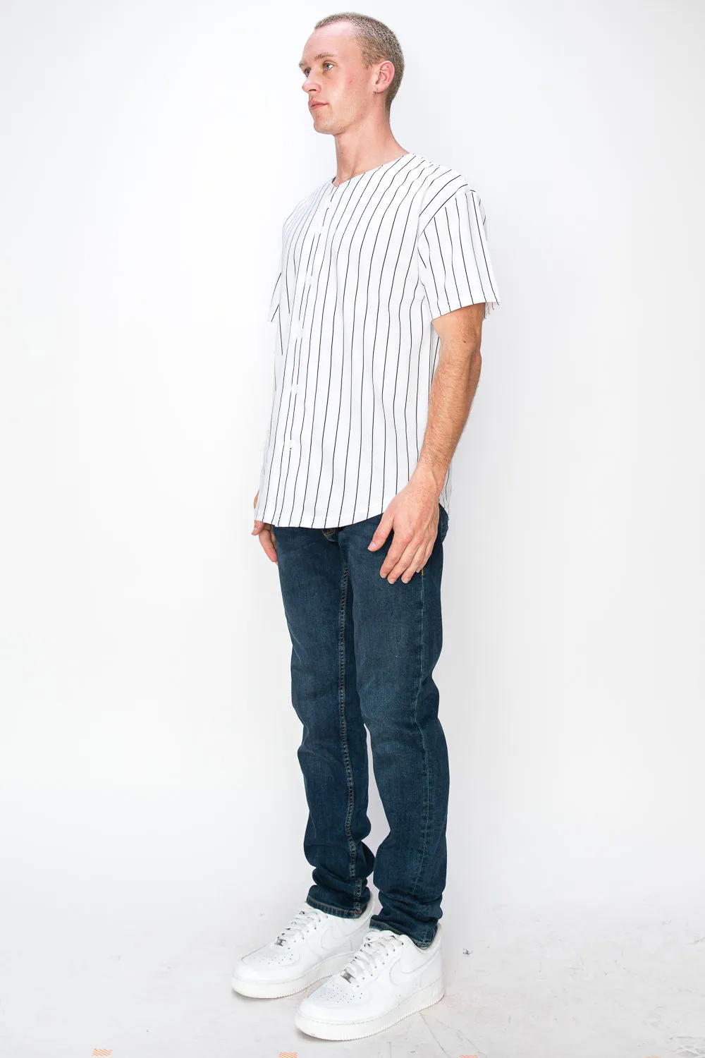 Men's White Baseball Jersey with Pinstripes