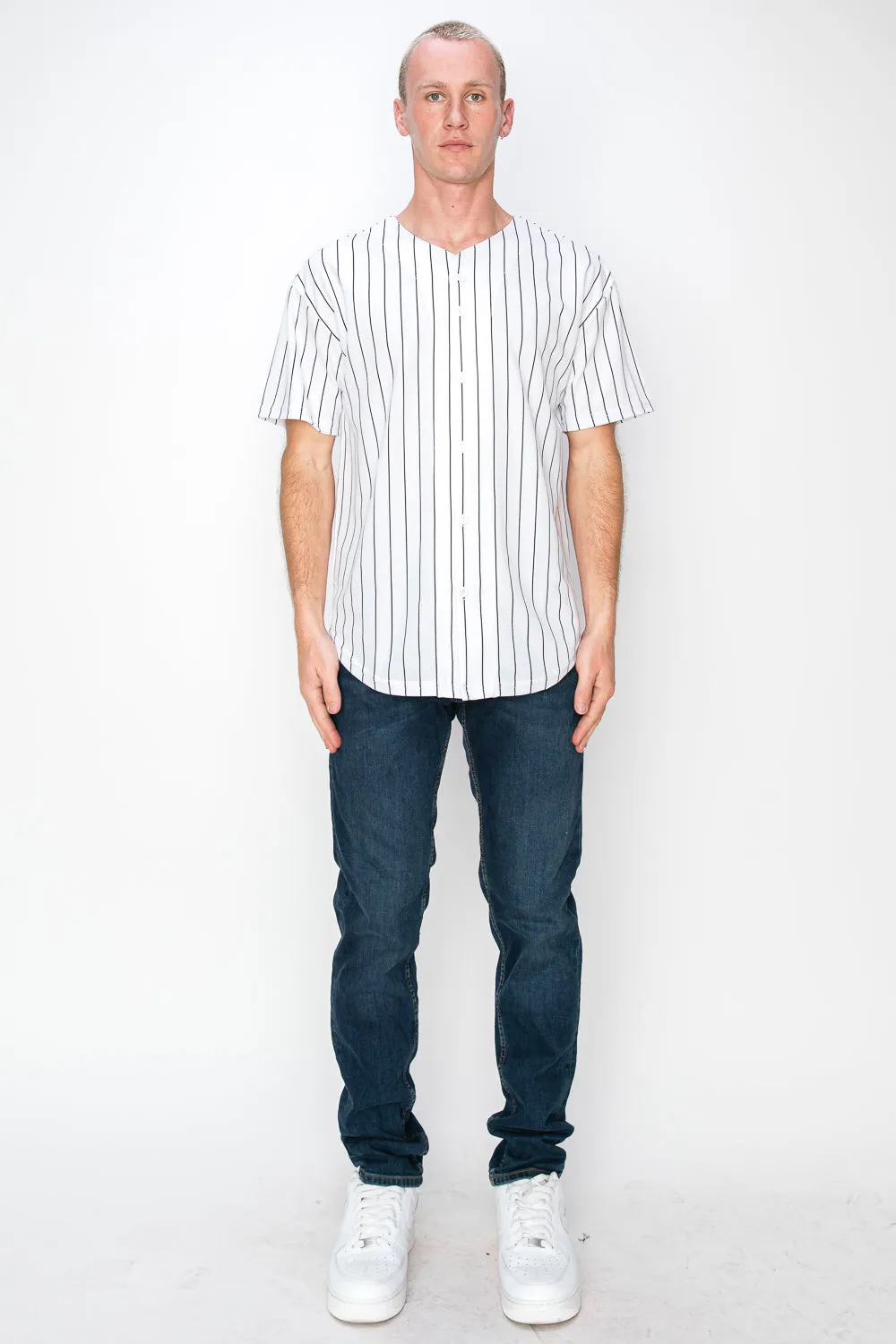 Men's White Baseball Jersey with Pinstripes