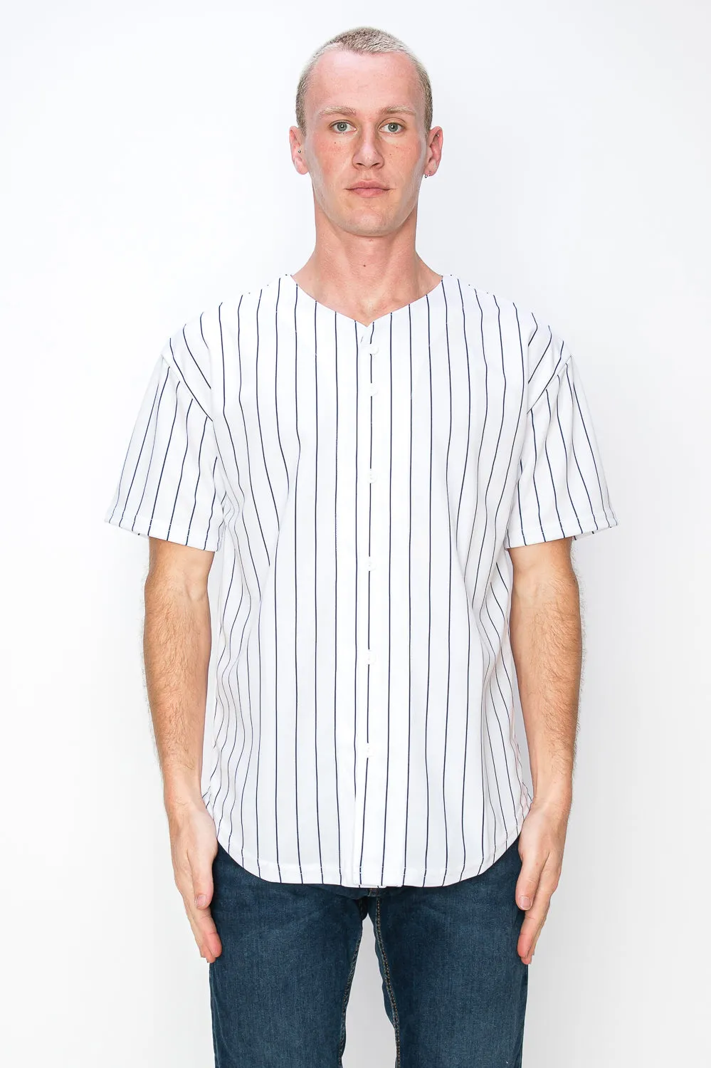 Men's White Baseball Jersey with Pinstripes