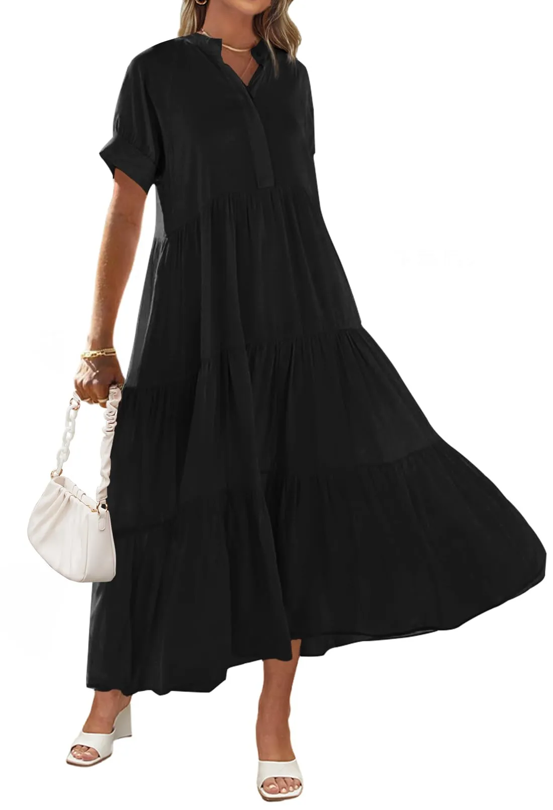 MEROKEETY Button Down V Neck Ruffle Tiered Maxi Dress