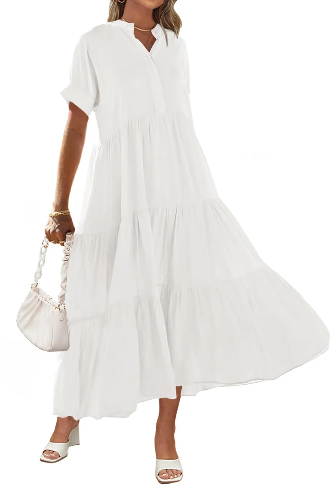 MEROKEETY Button Down V Neck Ruffle Tiered Maxi Dress