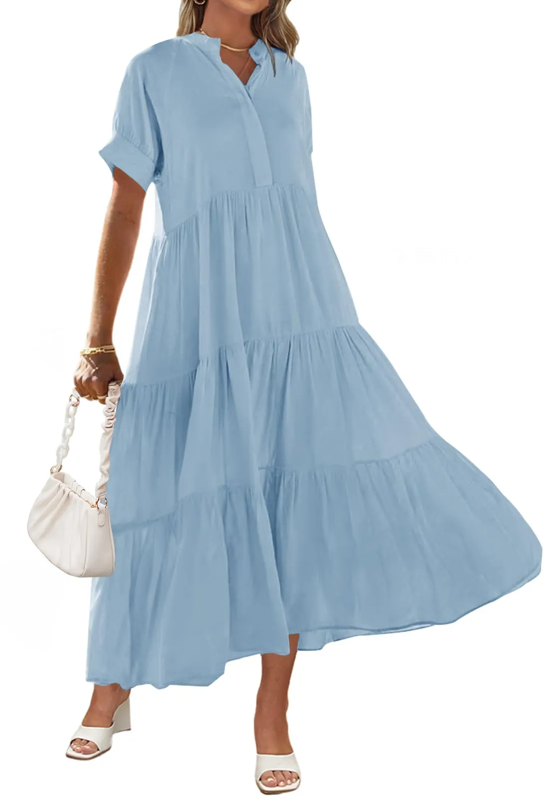 MEROKEETY Button Down V Neck Ruffle Tiered Maxi Dress