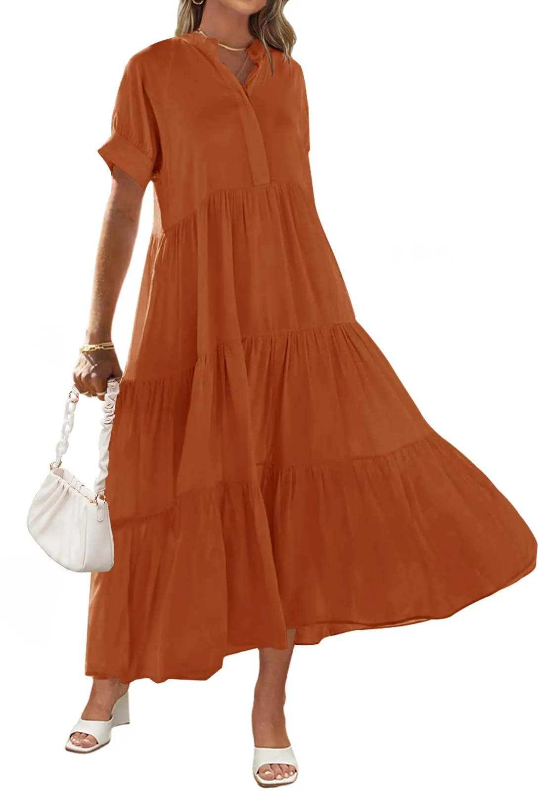 MEROKEETY Button Down V Neck Ruffle Tiered Maxi Dress