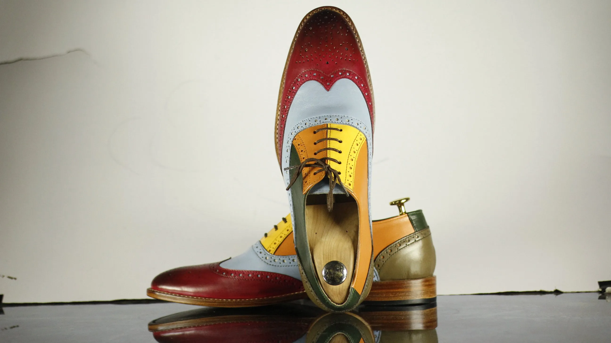 Multi Color Leather Shoes, Wing Tip Brogue Men's Shoes