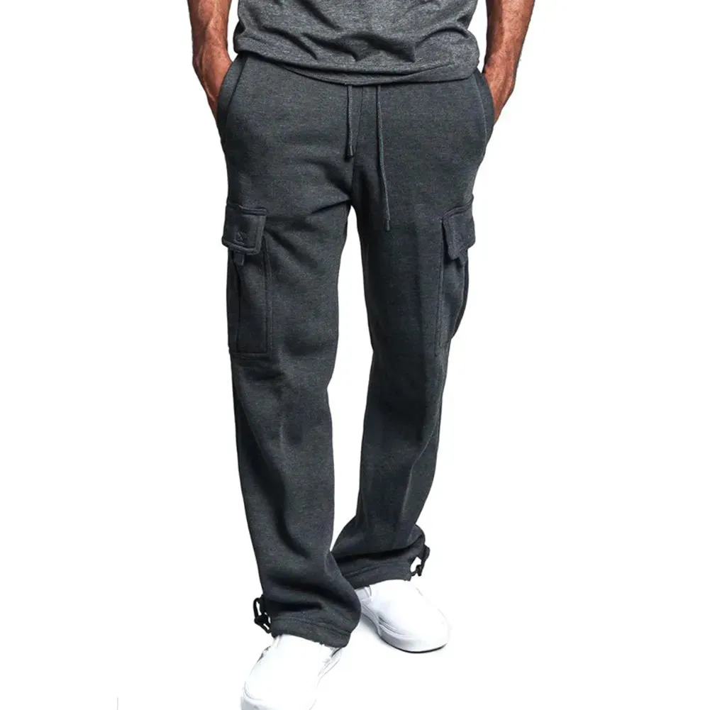 Newly Men Cargo Pockets Sweat Pants Casual Loose Trousers Solid Color Soft for Sports DO99 1114