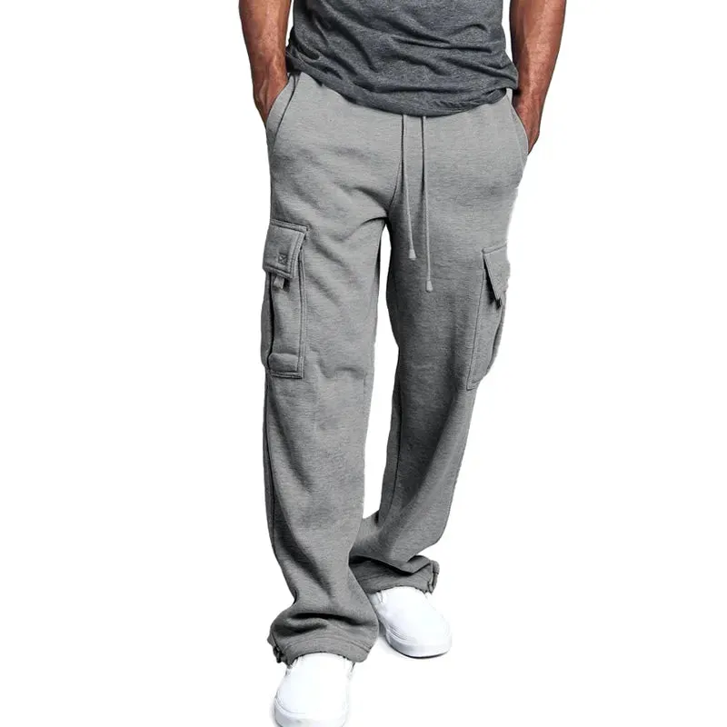 Newly Men Cargo Pockets Sweat Pants Casual Loose Trousers Solid Color Soft for Sports DO99 1114