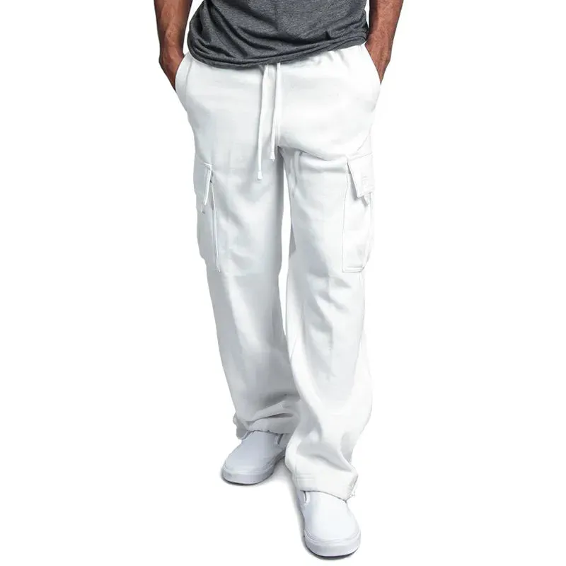 Newly Men Cargo Pockets Sweat Pants Casual Loose Trousers Solid Color Soft for Sports DO99 1114