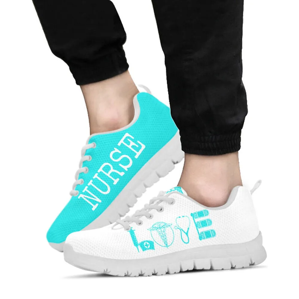 Nurse Sneaker, Nurse Love Light Blue White Sneakers Shoes, Best Shoes For Nurses