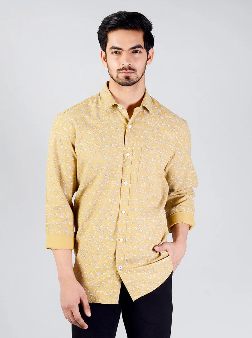 Ochre Yellow Printed Slim Fit Casual Shirt | JadeBlue