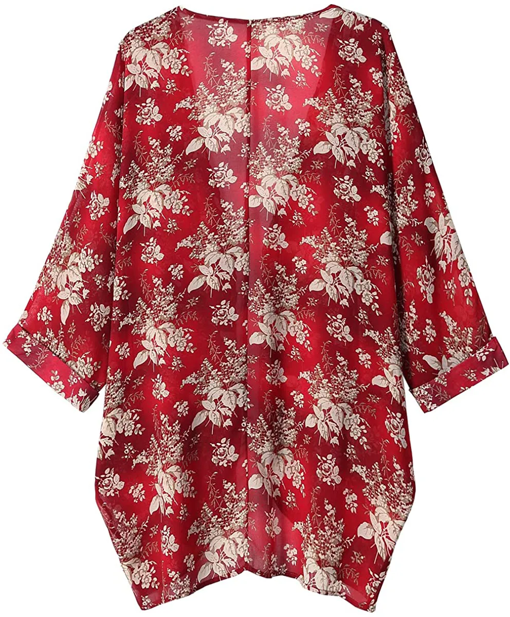 olrain Women's Floral Print Sheer Chiffon Loose Kimono Cardigan Capes