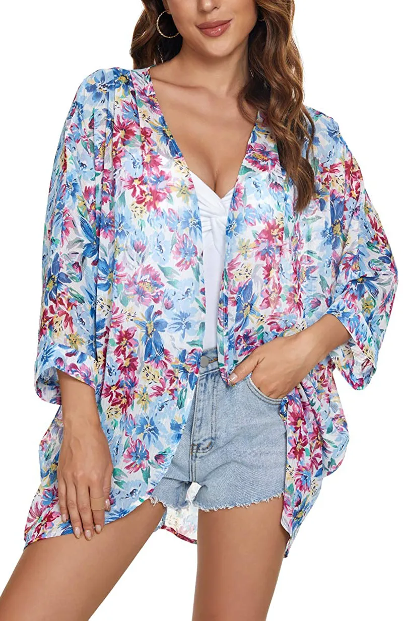 olrain Women's Floral Print Sheer Chiffon Loose Kimono Cardigan Capes