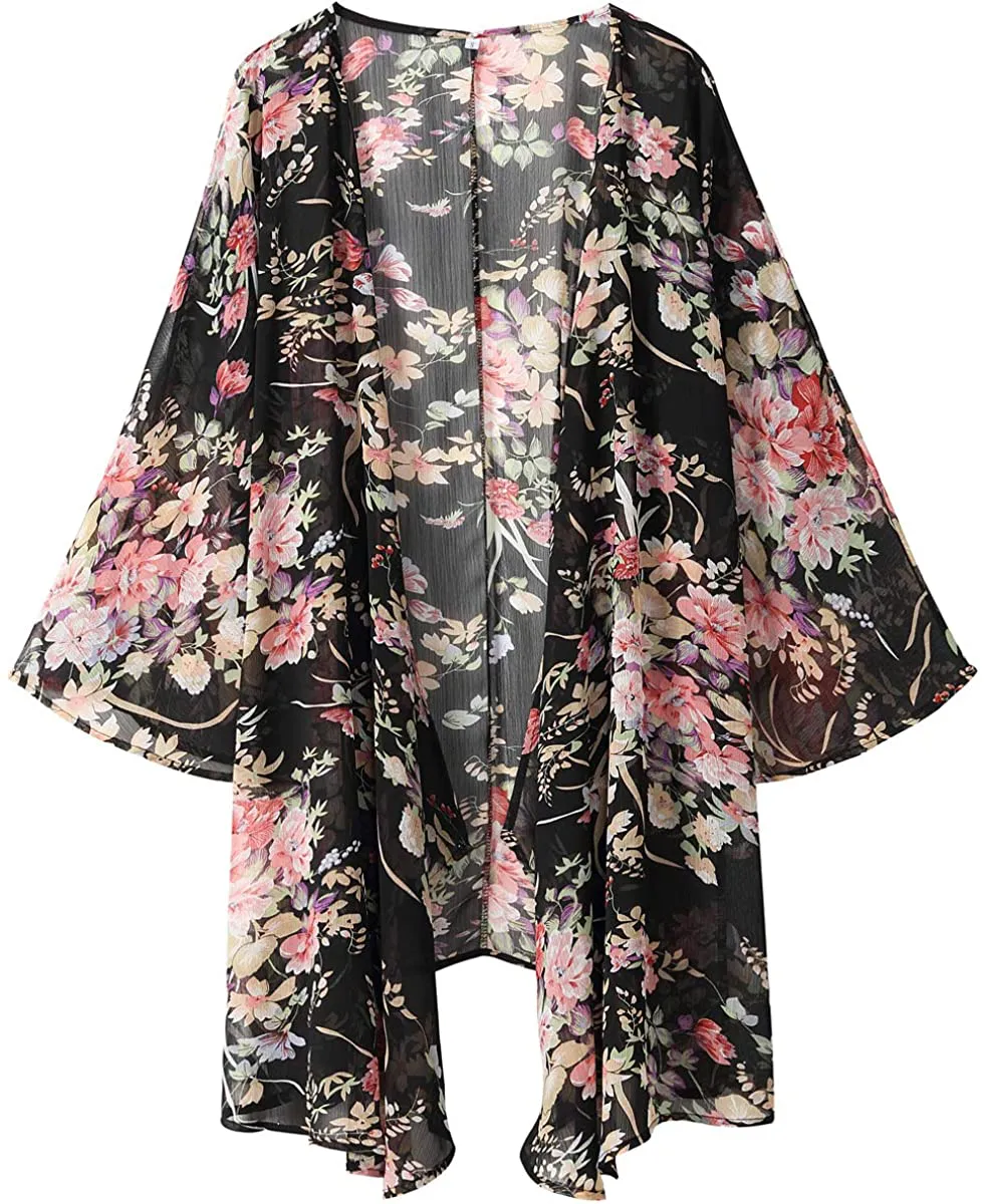 olrain Women's Floral Print Sheer Chiffon Loose Kimono Cardigan Capes