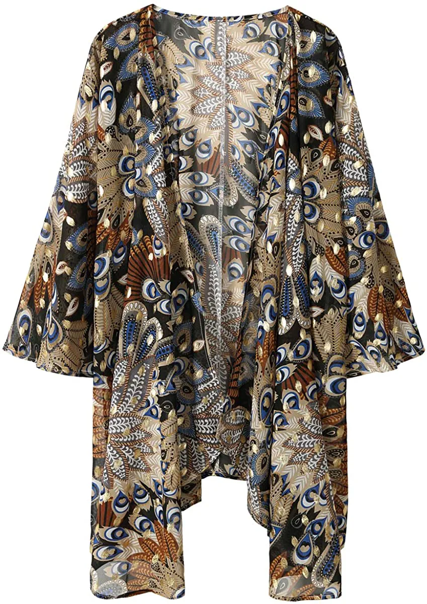 olrain Women's Floral Print Sheer Chiffon Loose Kimono Cardigan Capes