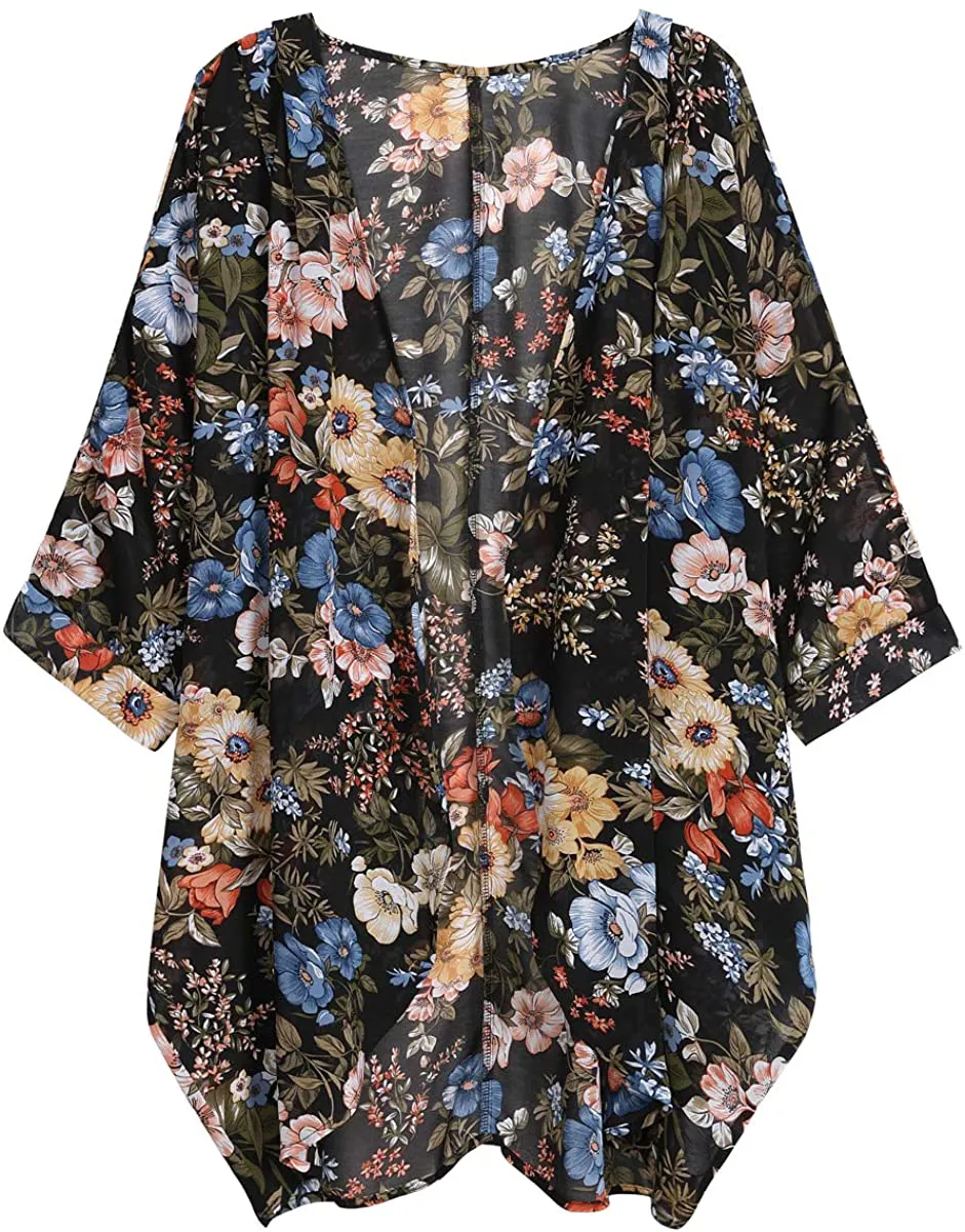 olrain Women's Floral Print Sheer Chiffon Loose Kimono Cardigan Capes