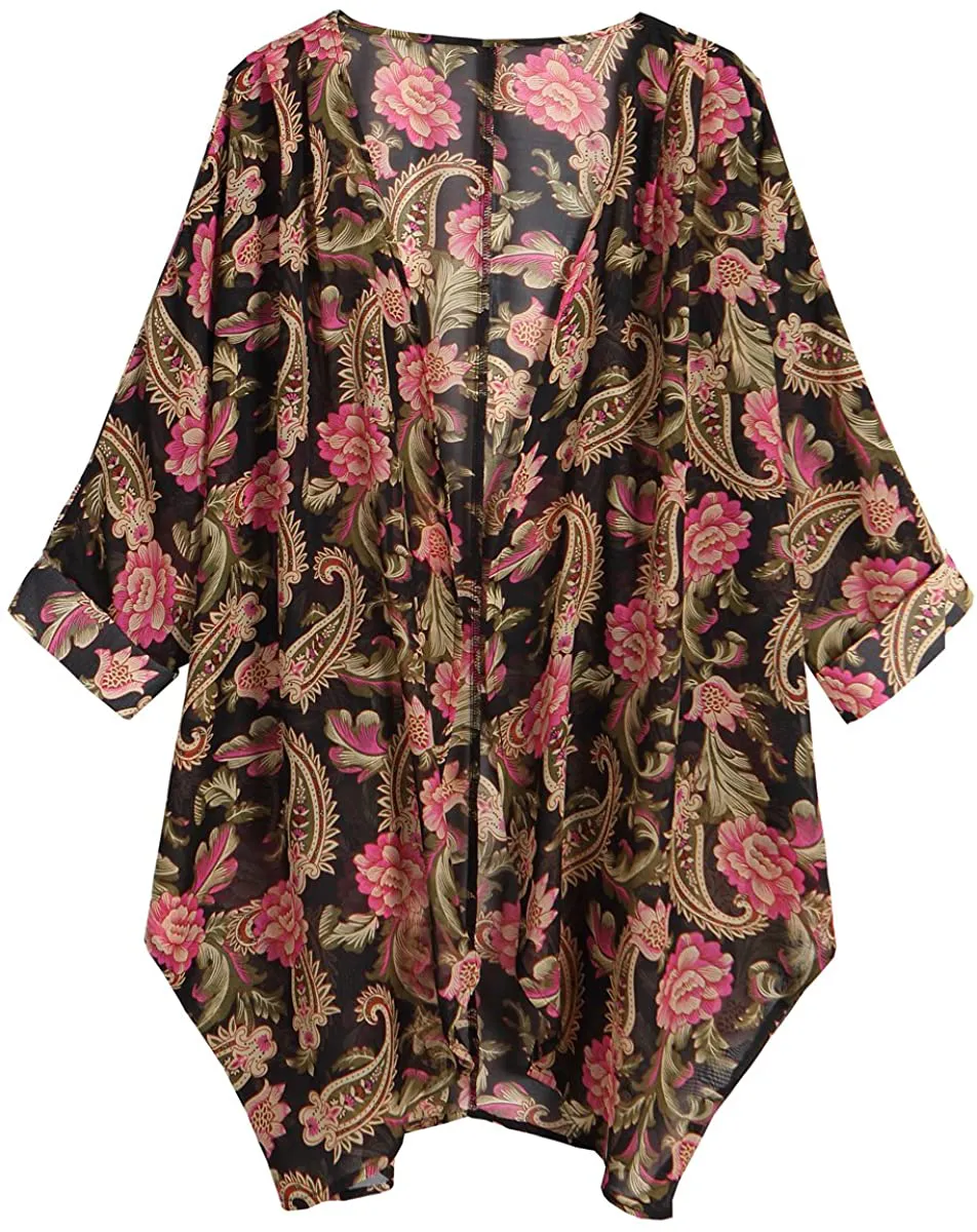 olrain Women's Floral Print Sheer Chiffon Loose Kimono Cardigan Capes