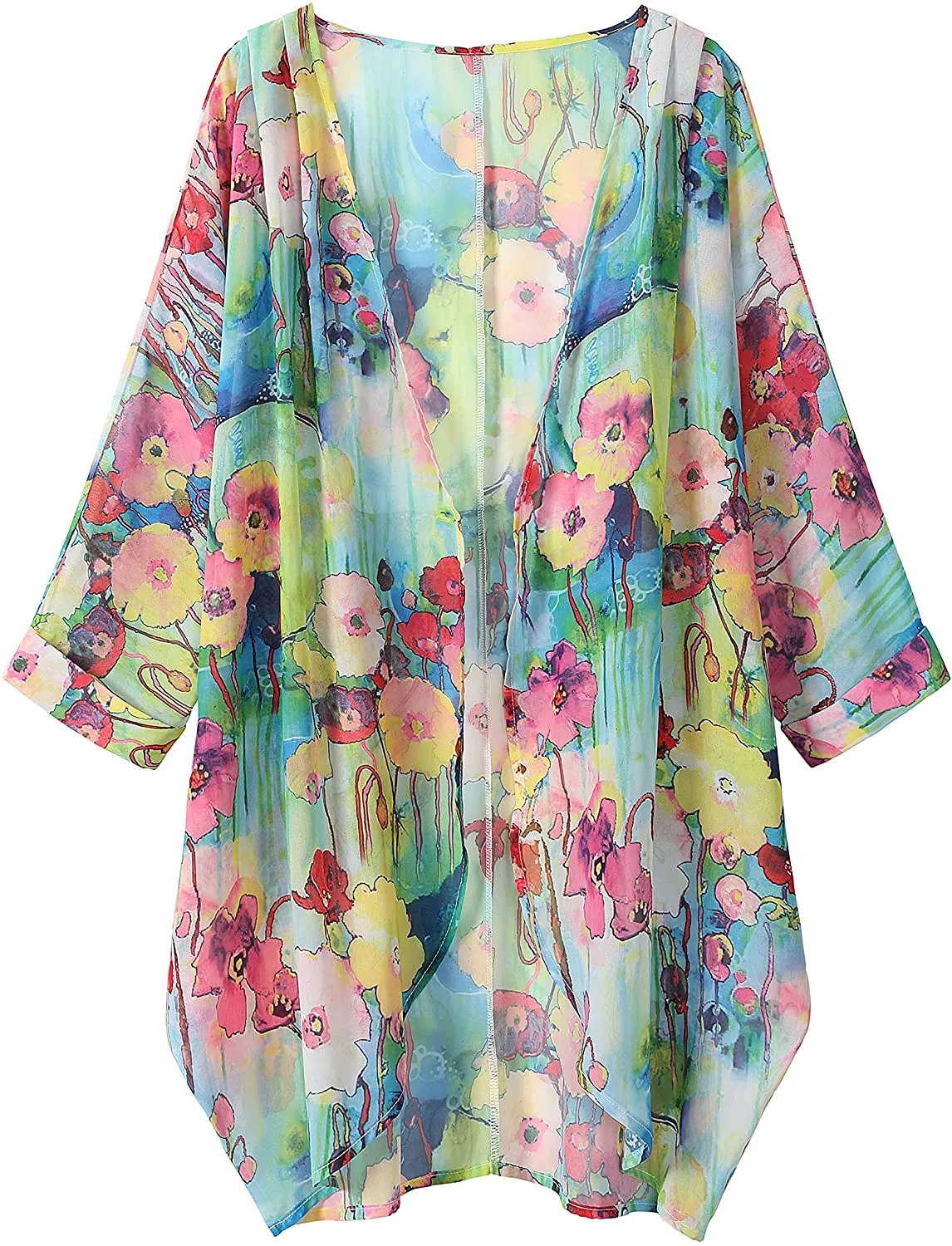 olrain Women's Floral Print Sheer Chiffon Loose Kimono Cardigan Capes